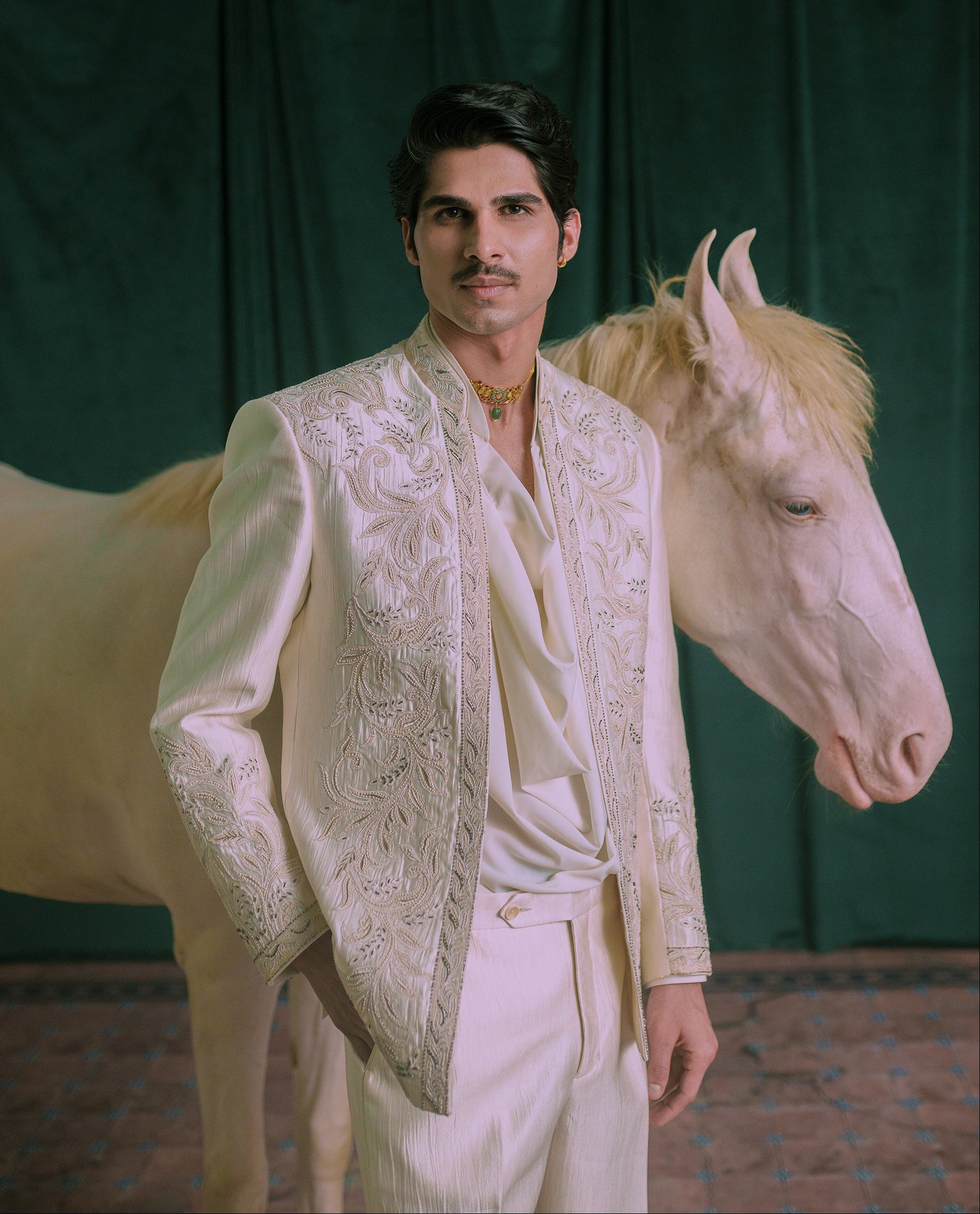 Men's Open Cream Embroidered Bandhgala Suit by Bonsoir