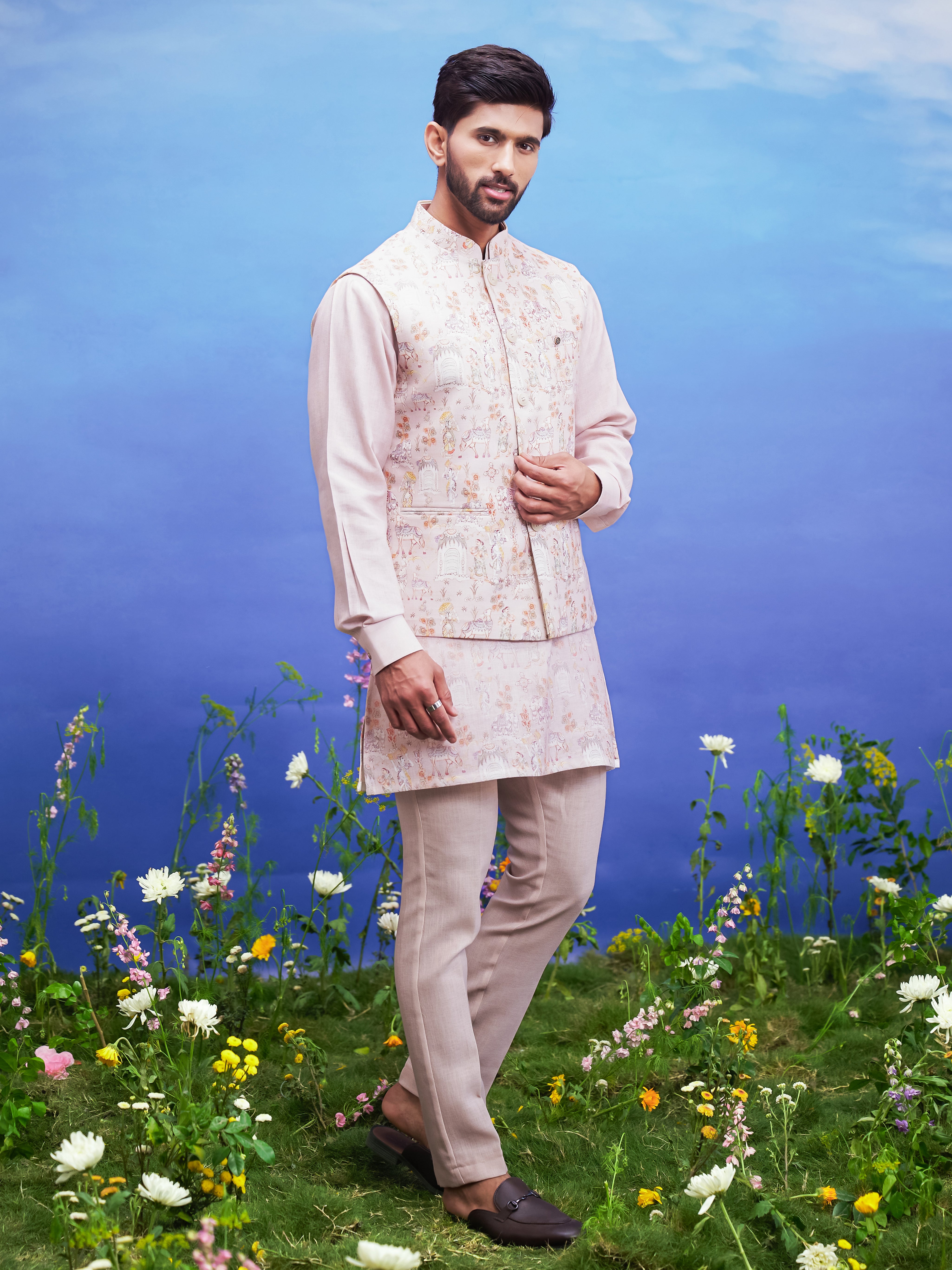Men's peach kurta jacket set, displayed on a product page with size options.