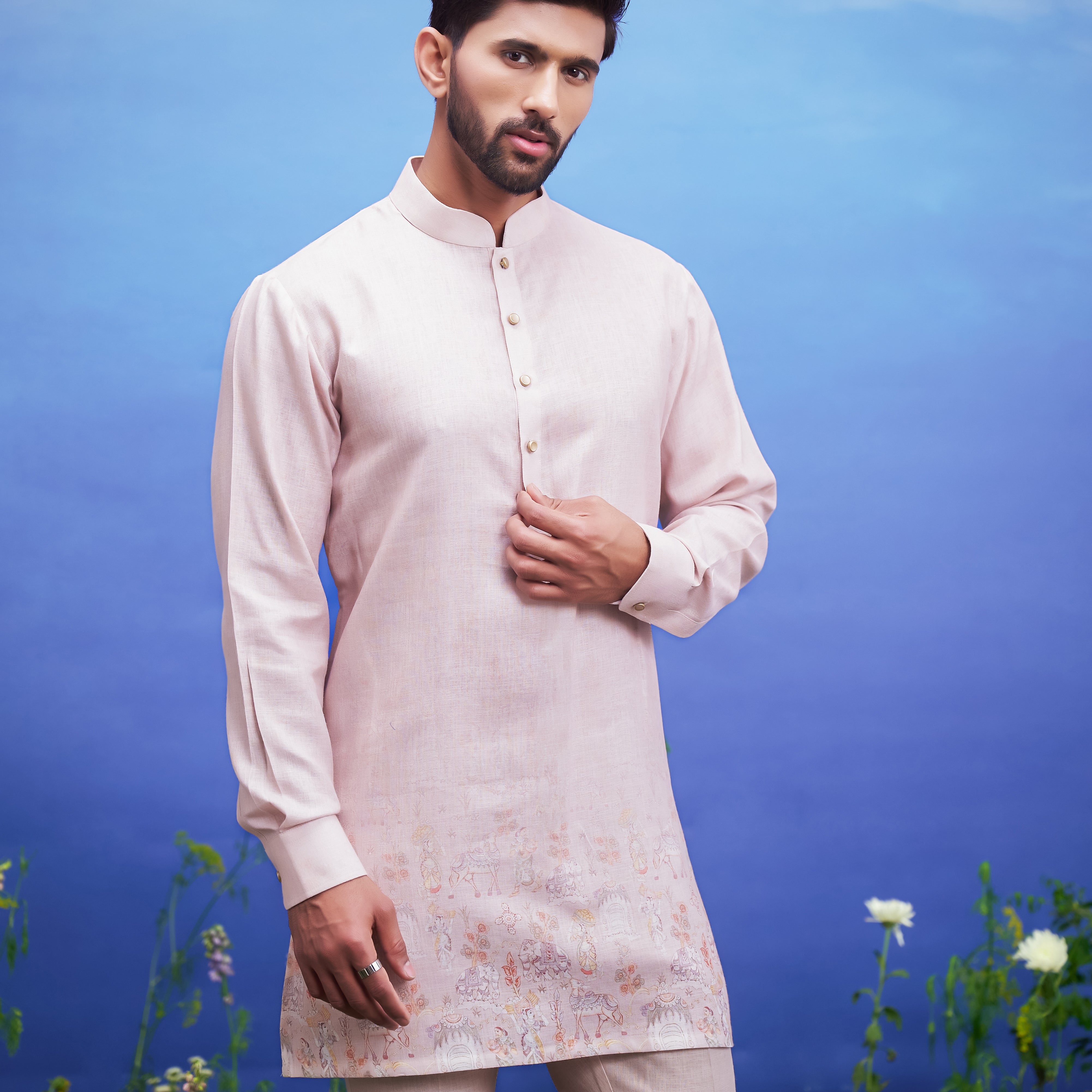 Peach linen kurta set, men's ethnic wear, featuring a linen blend kurta and pajama.