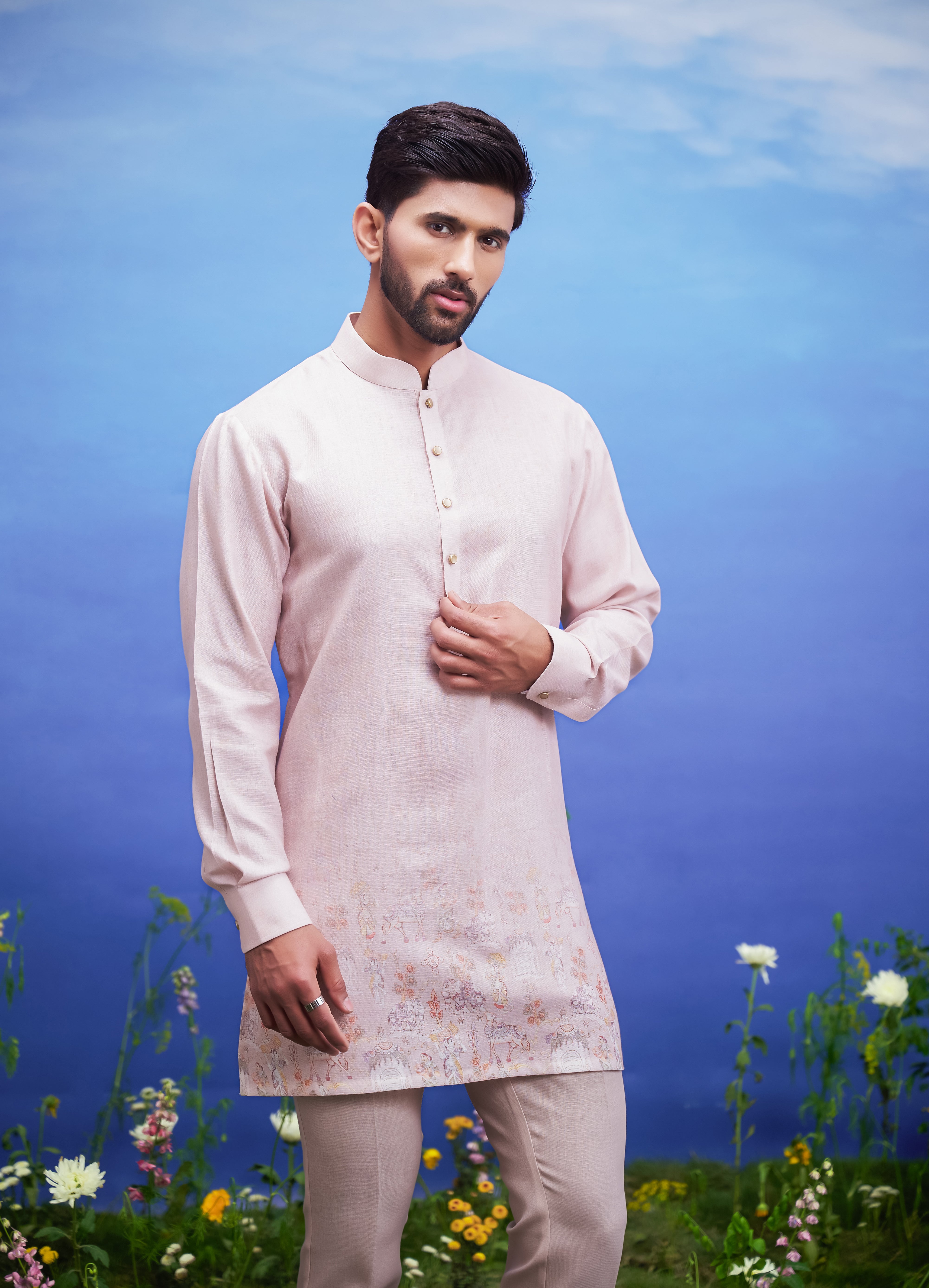 Peach linen kurta set, men's ethnic wear, featuring a linen blend kurta and pajama.