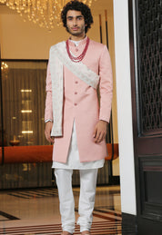 A Luxurious Peach Jacquard Indo-Western with Dupatta

