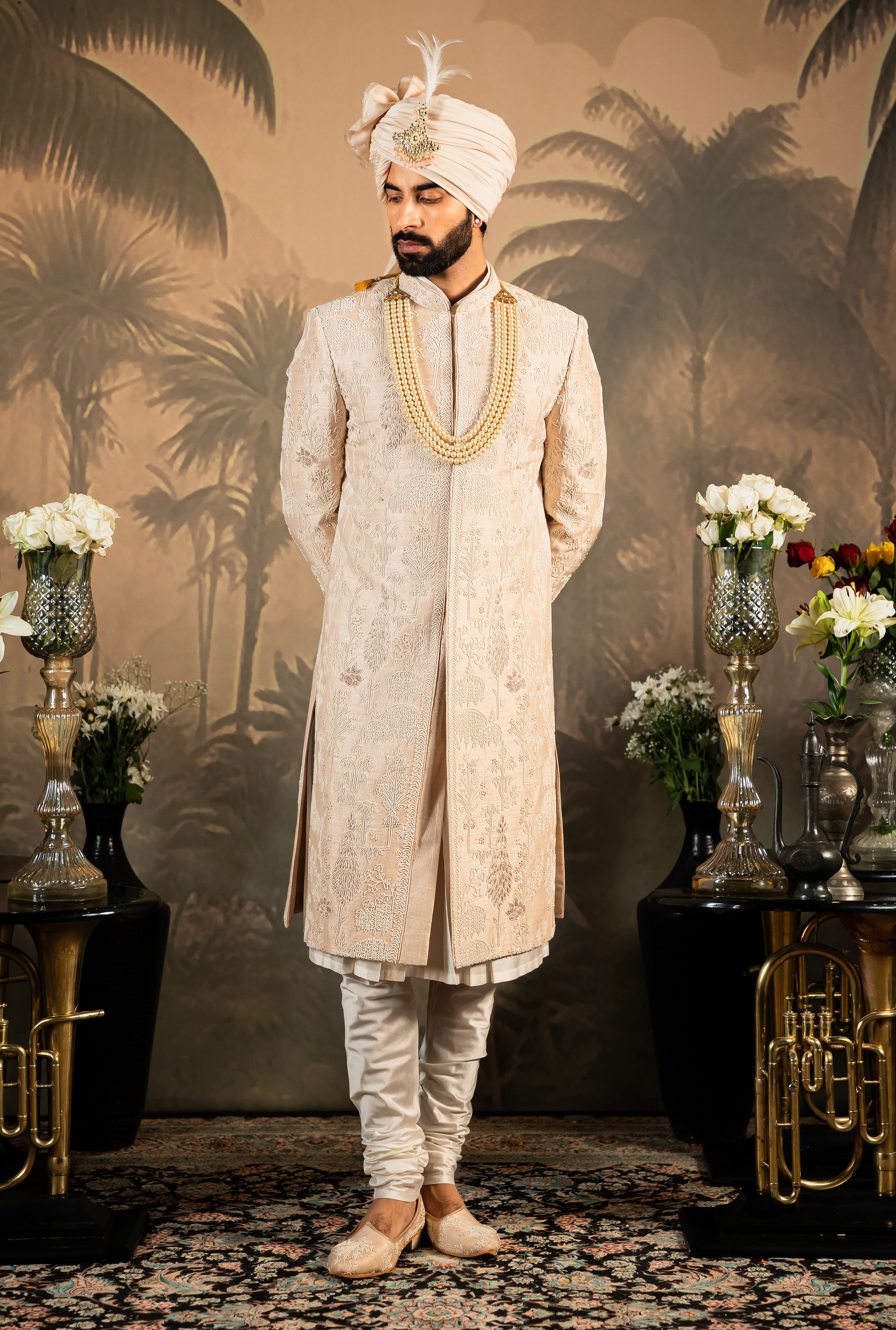 A Regal Peach Pure Raw Silk Sherwani
