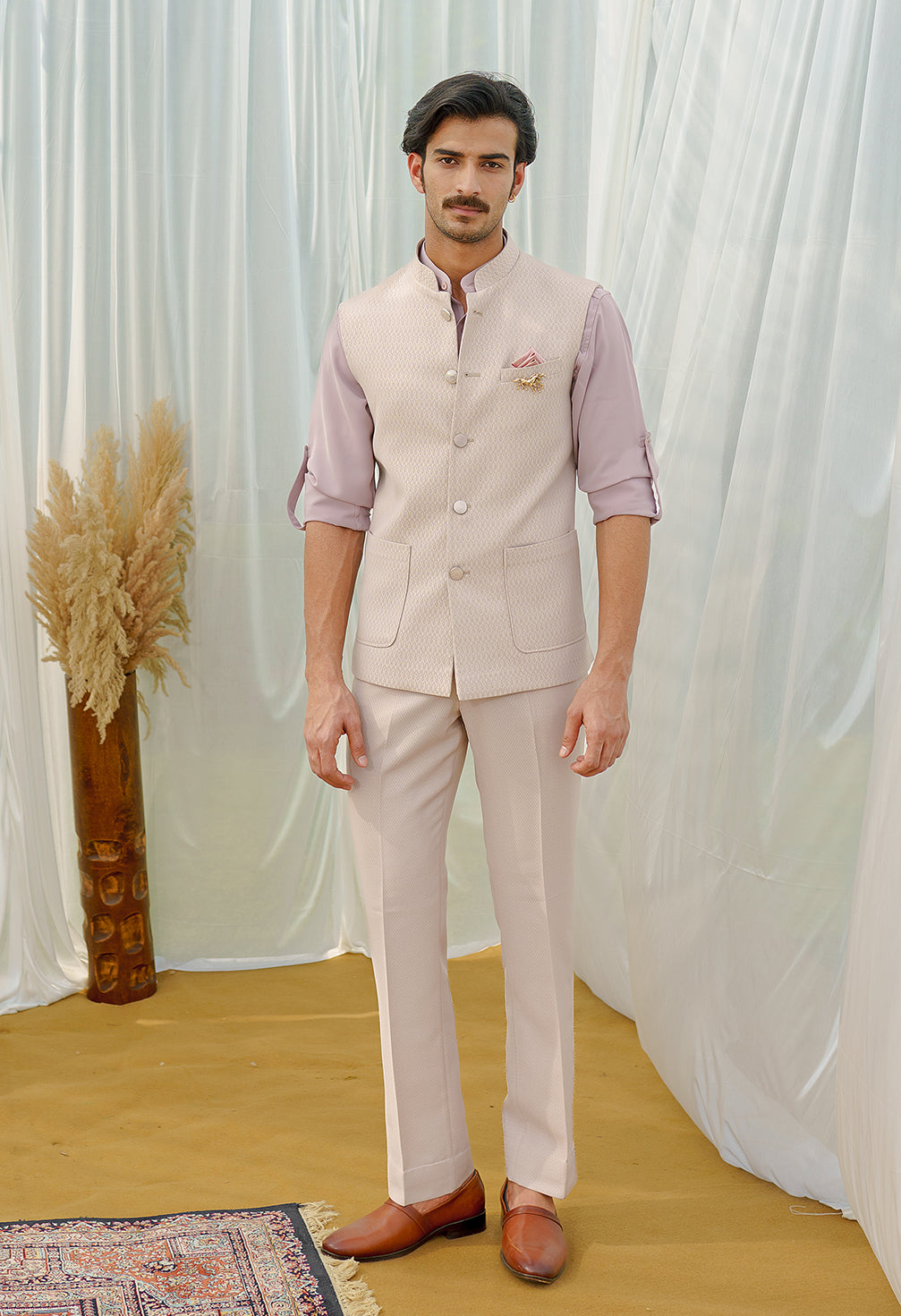 Peach self Jacquard Shirt jacket set
