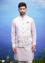 Peacock motif pink Nehru jacket for men, made of knitted fabric with a regular fit.