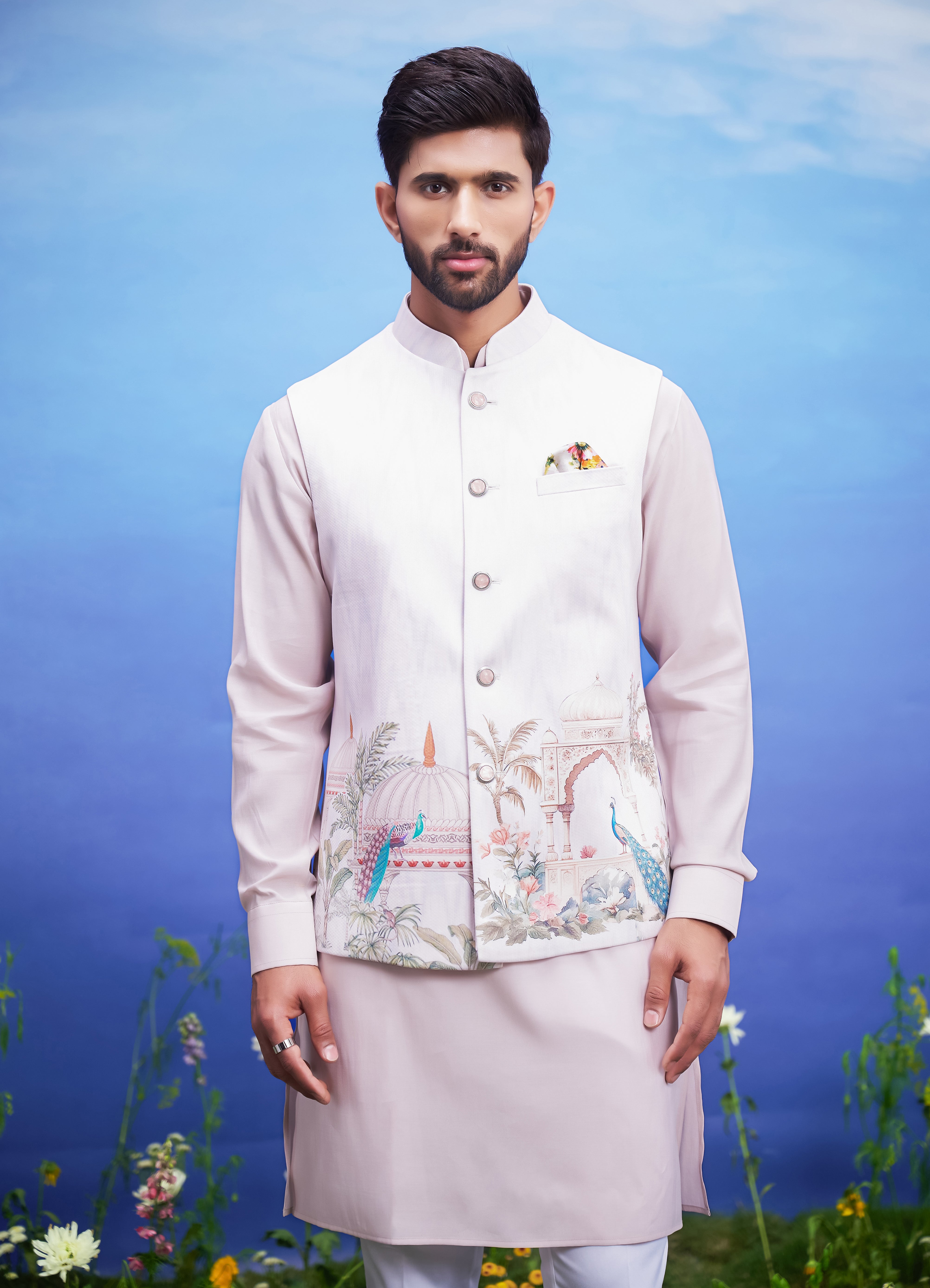 Peacock motif pink Nehru jacket for men, made of knitted fabric with a regular fit.