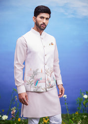 A pink Nehru jacket with a peacock motif print, featuring a mandarin collar, ideal for men's party wear.