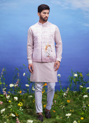 Men's pink Nehru jacket with a horse motif print, displayed on a product page with size options.
