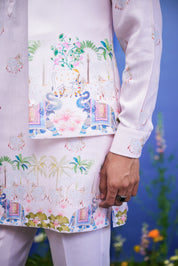 Close-up of the pink linen kurta jacket set, highlighting the linen texture.
