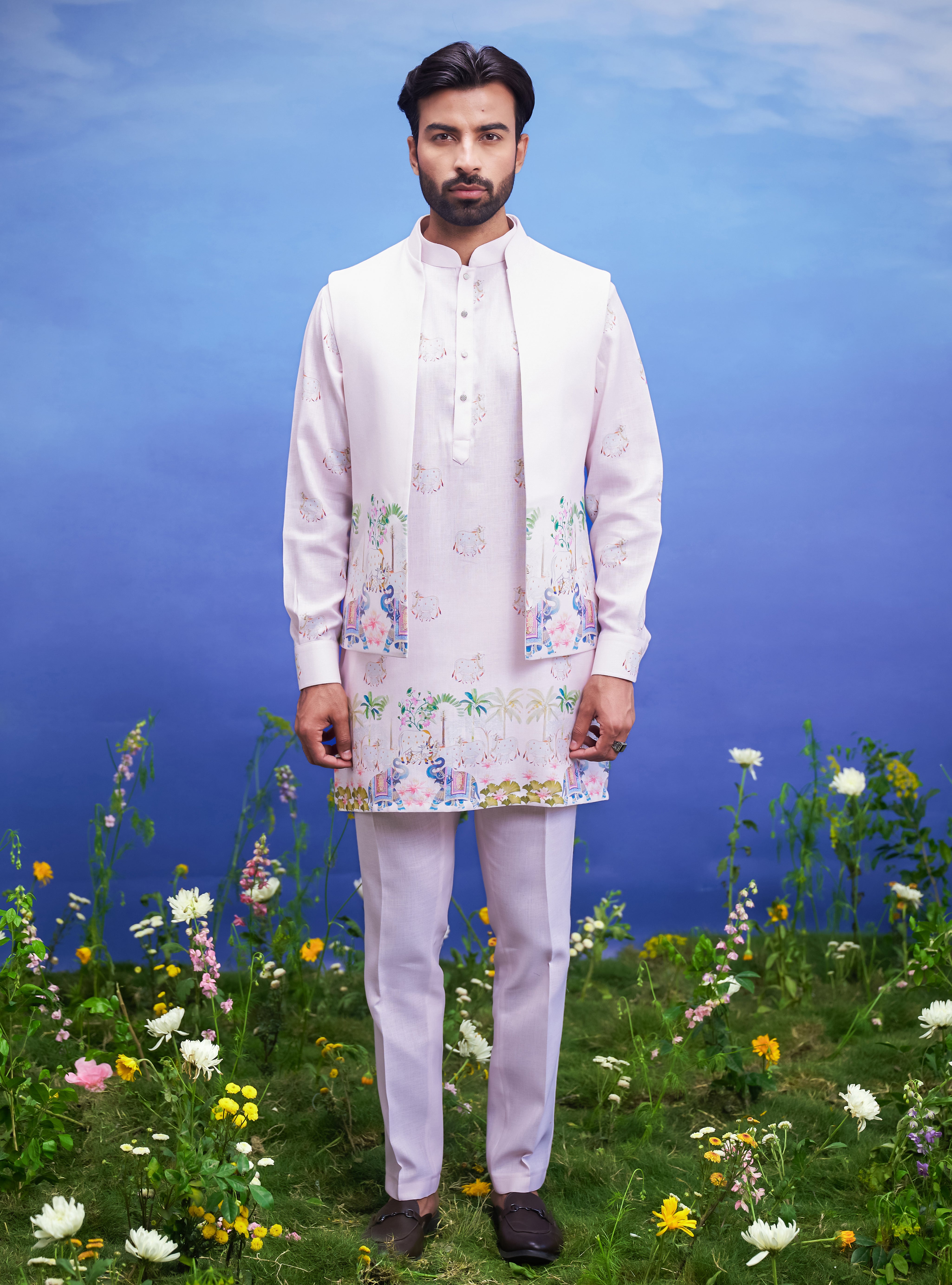 Pink linen kurta jacket set, men's ethnic wear, featuring a linen blend kurta, jacket, and pajama.