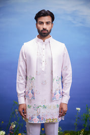 Men's pink kurta jacket set, suitable for festivals and cultural events, available in sizes 36 to 44 and custom.