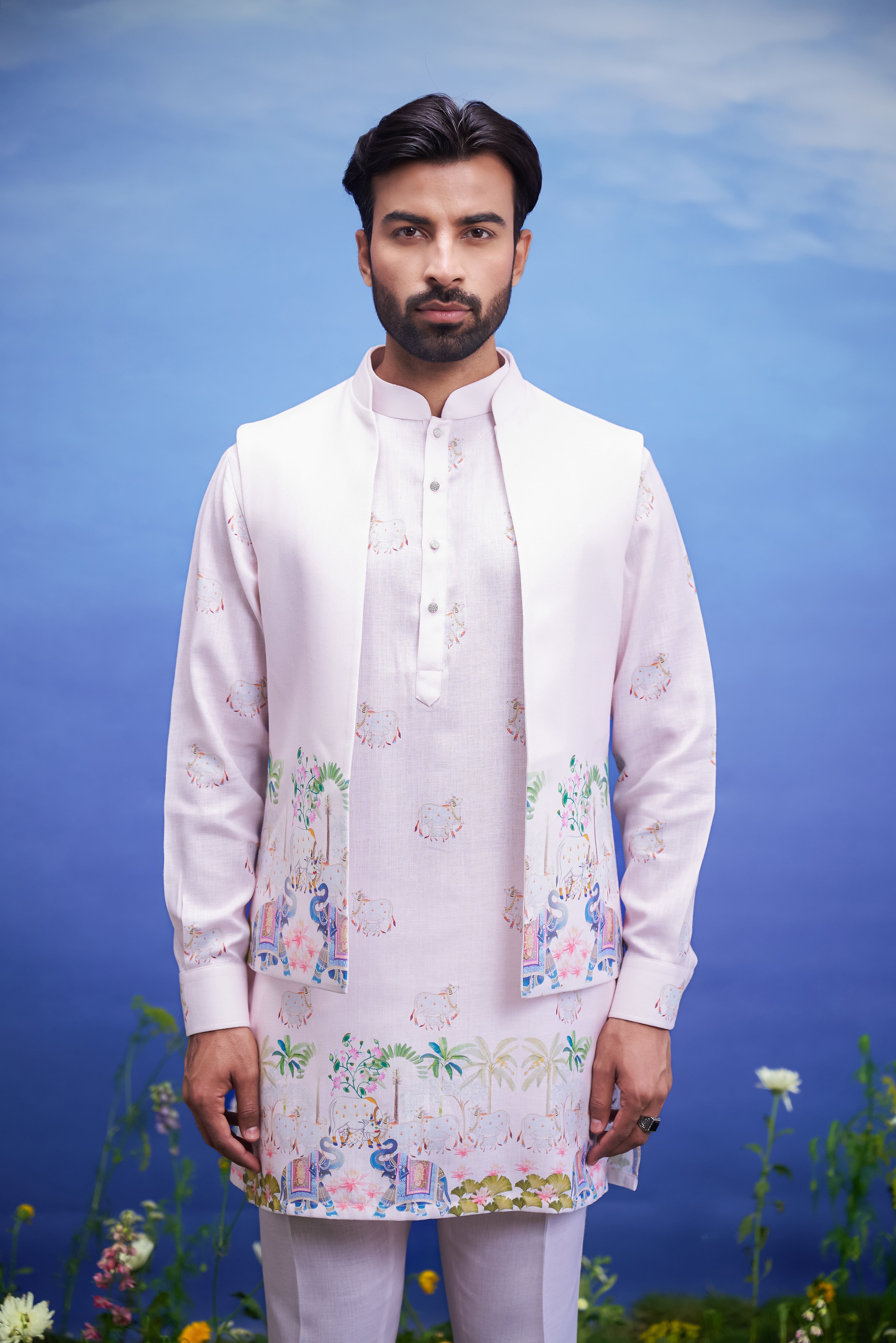 Men's pink kurta jacket set, suitable for festivals and cultural events, available in sizes 36 to 44 and custom.