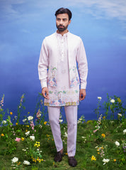 Men's pink linen kurta jacket set, presented as a complete outfit on a product page, designed for ethnic and festive wear.