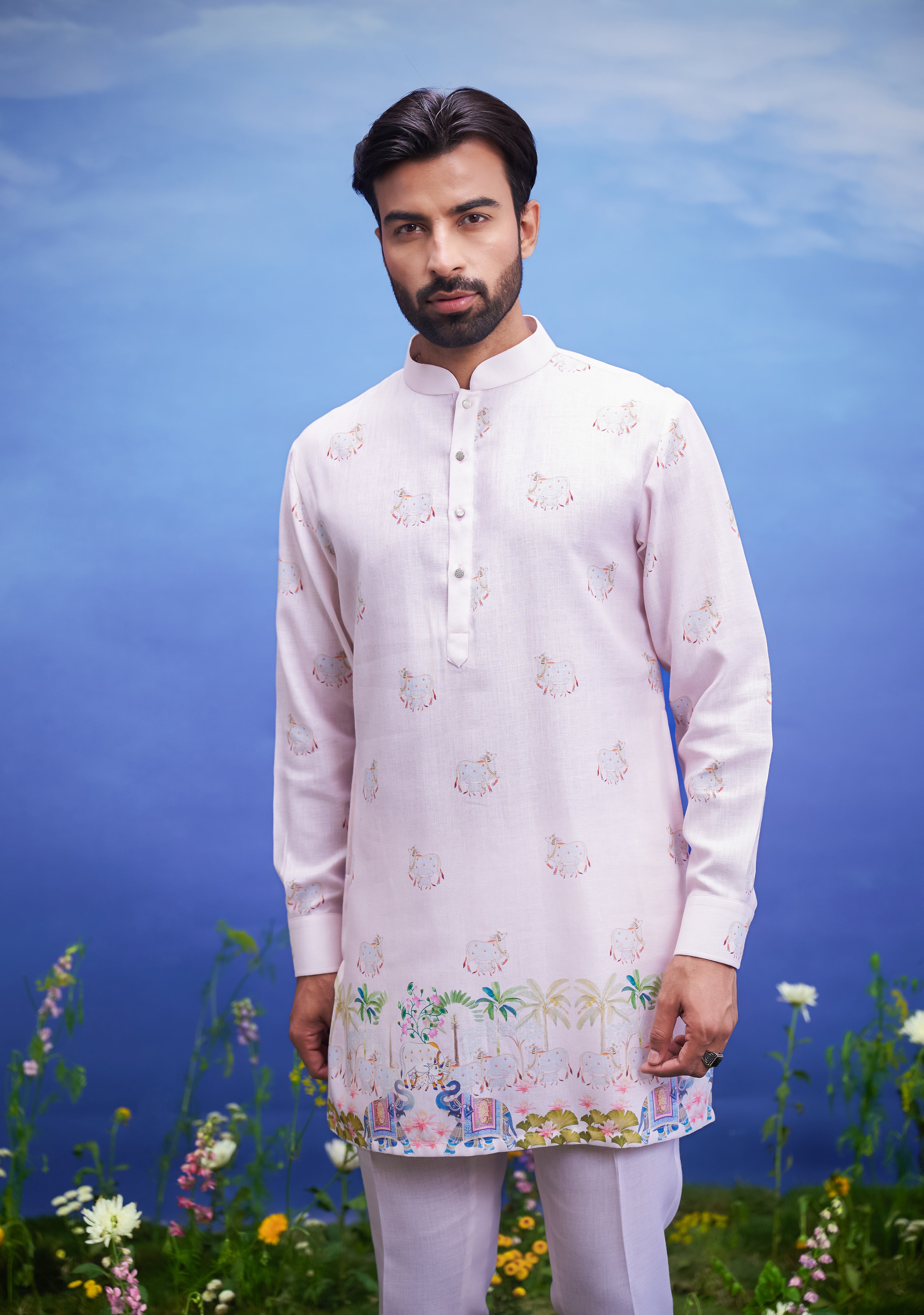 Pink linen kurta set, men's ethnic wear, featuring a linen blend kurta and pajama.