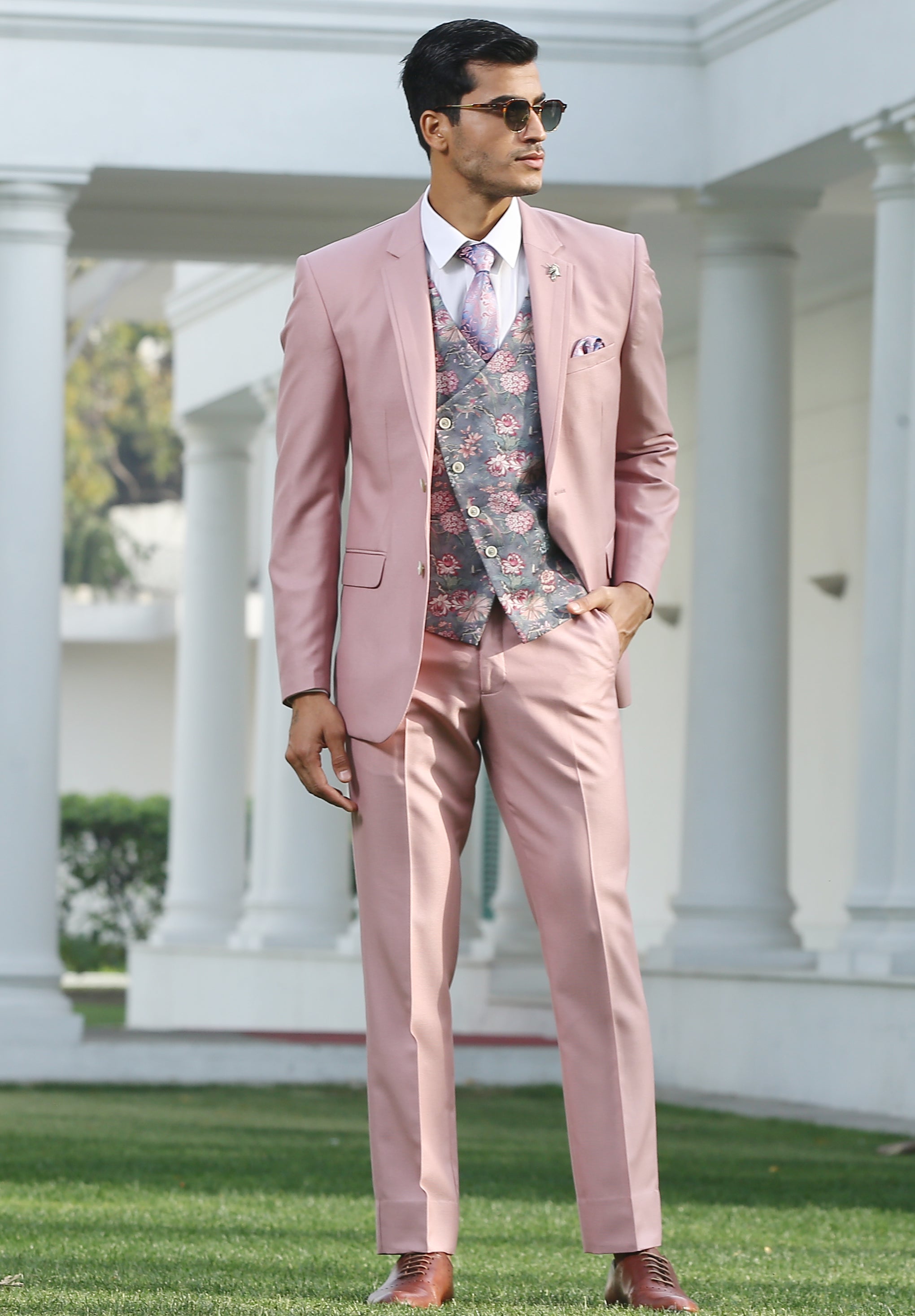 Pink Notch Lapel Suit with Double Breasted vest