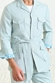 Sea Green Linen Blend Men's co-ord set with belt