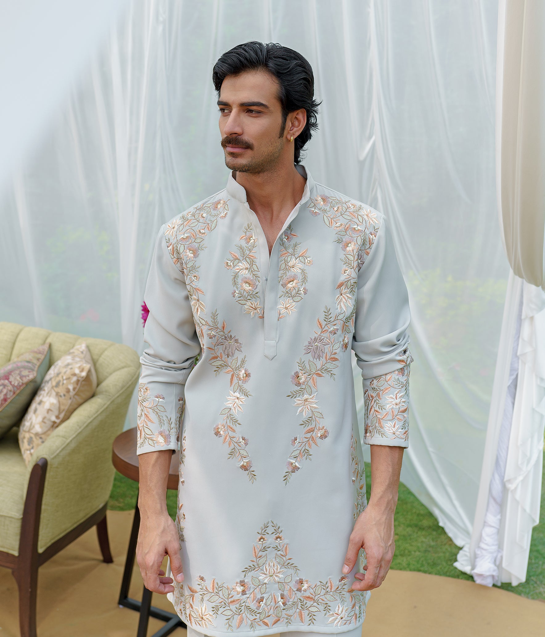 Sea green embroidered kurta with wide trousers