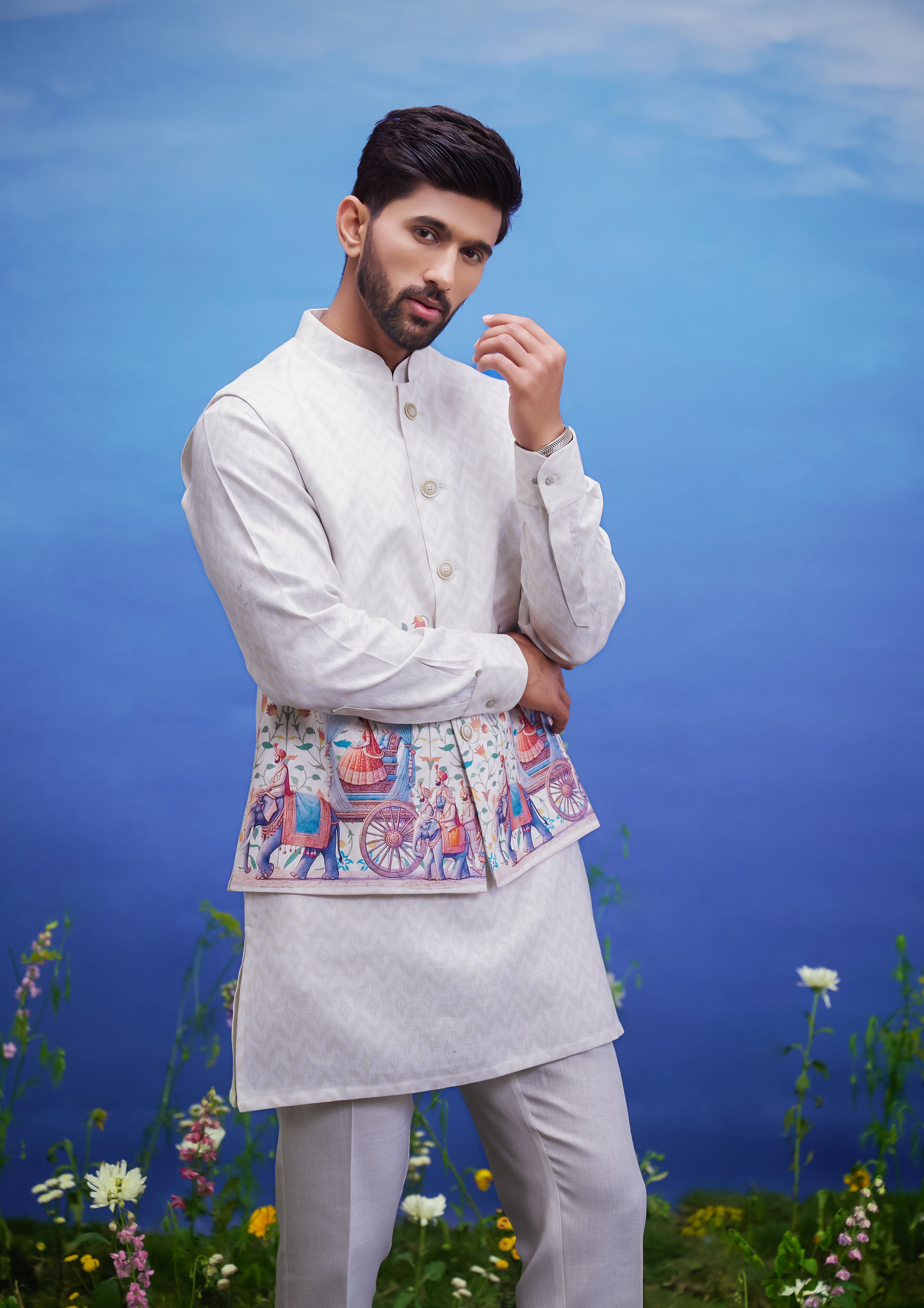 Men's beige kurta jacket set with a print, displayed on a product page with size options.