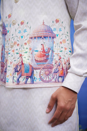 Close-up of the beige printed kurta jacket set, highlighting the print and linen blend fabric texture.