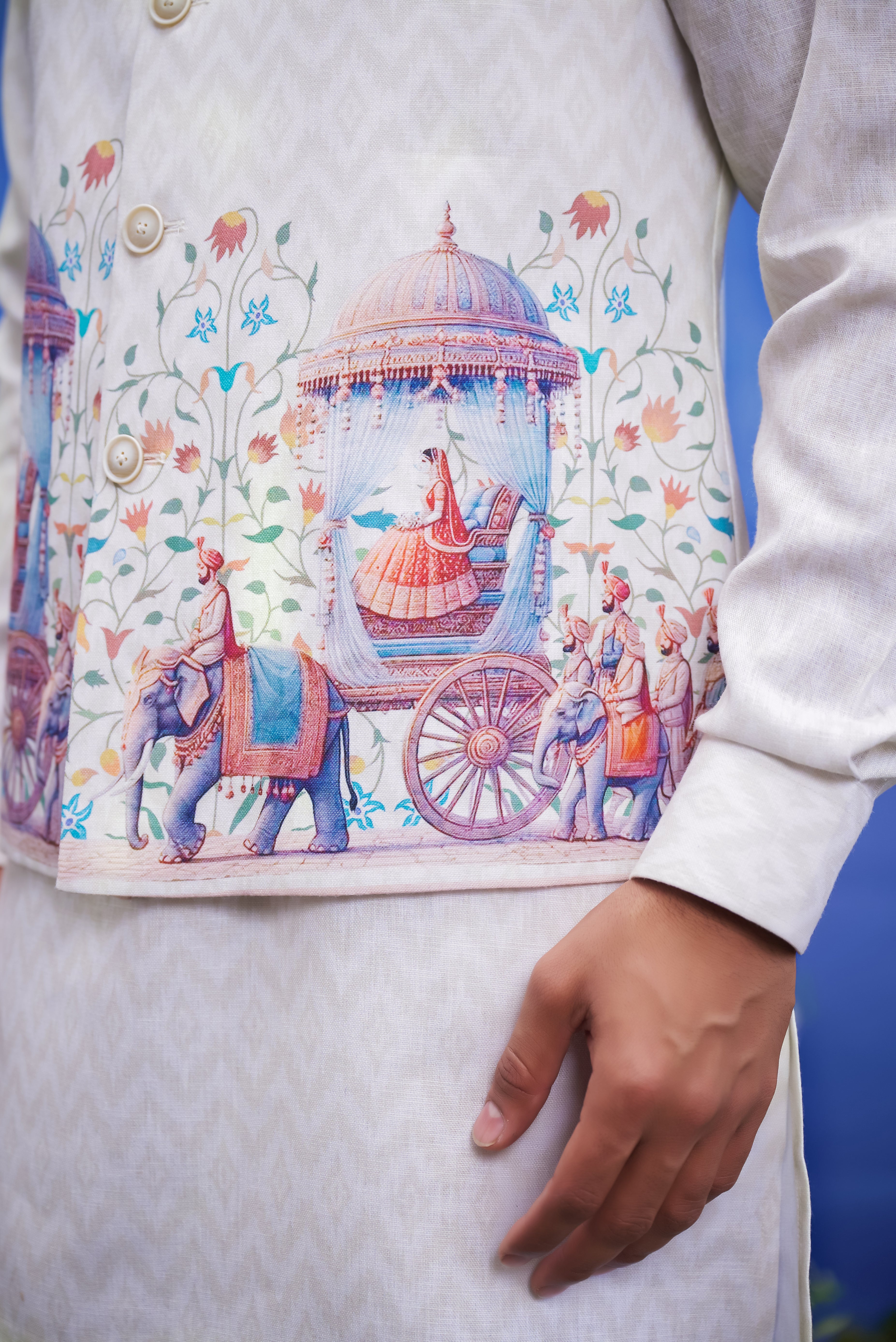 Close-up of the beige printed kurta jacket set, highlighting the print and linen blend fabric texture.