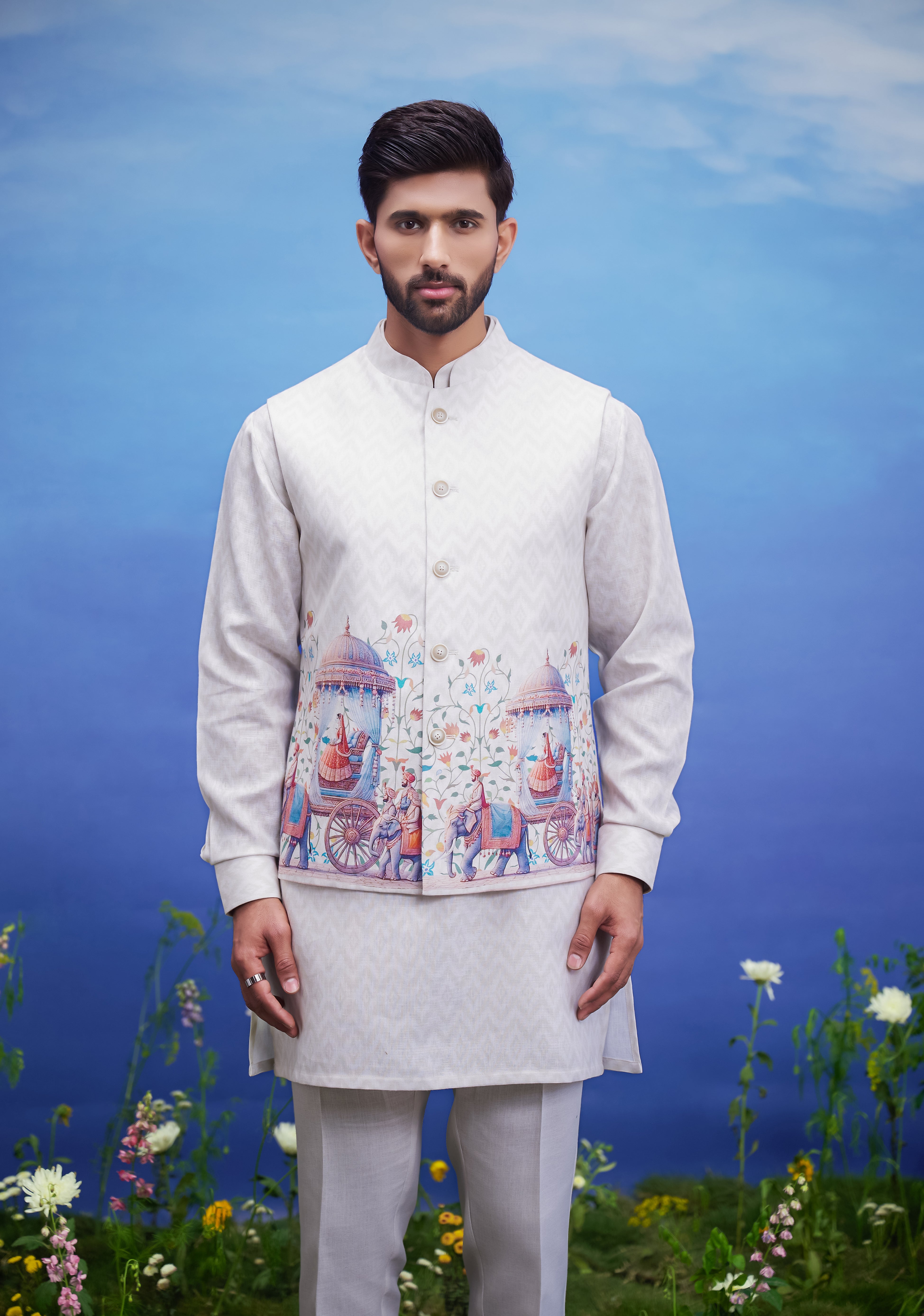 Men's beige kurta jacket set, suitable for festivals and cultural events, available in sizes 36 to 44 and custom.