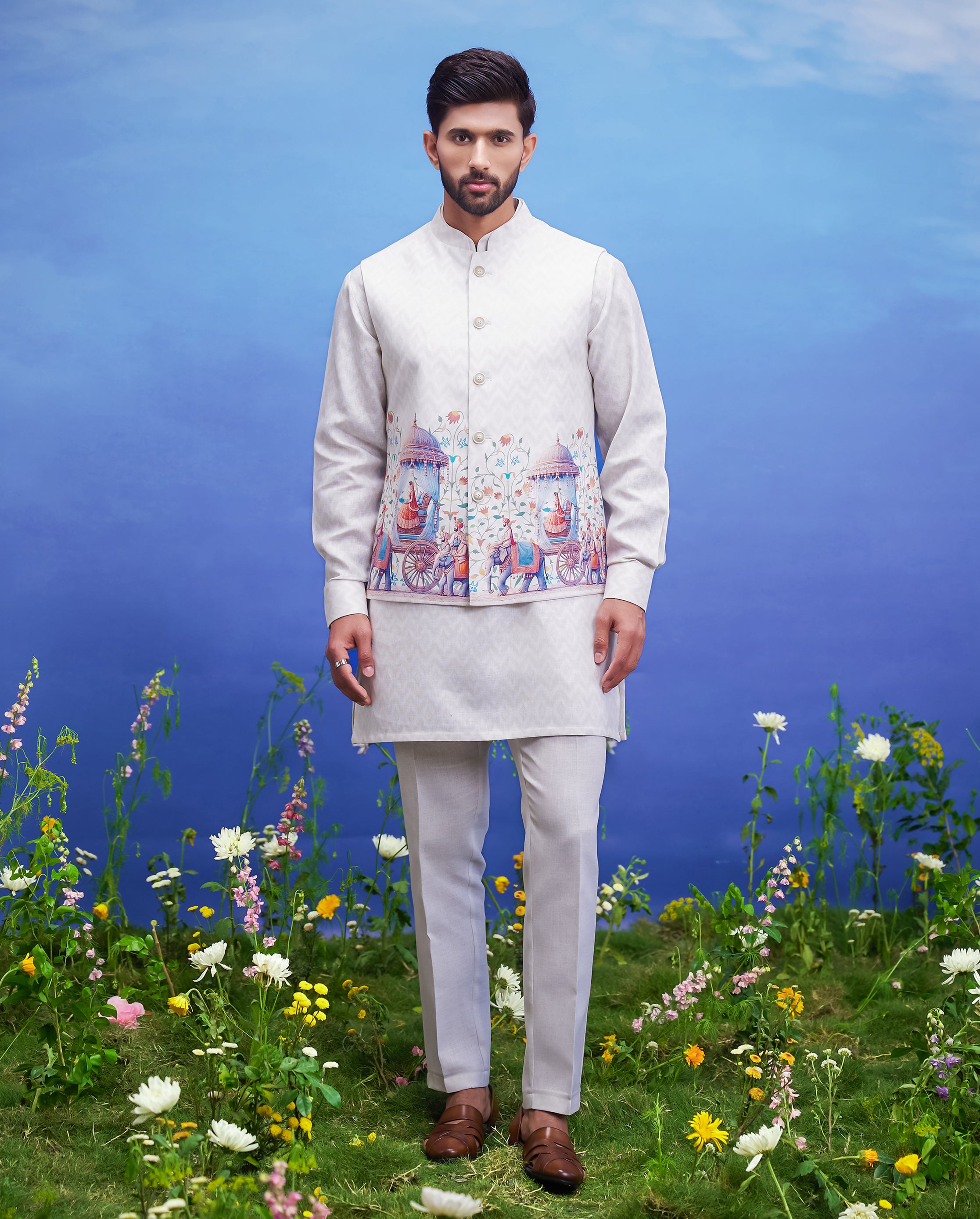 Beige printed kurta jacket set, men's ethnic wear, featuring a linen blend kurta, jacket, and pajama.