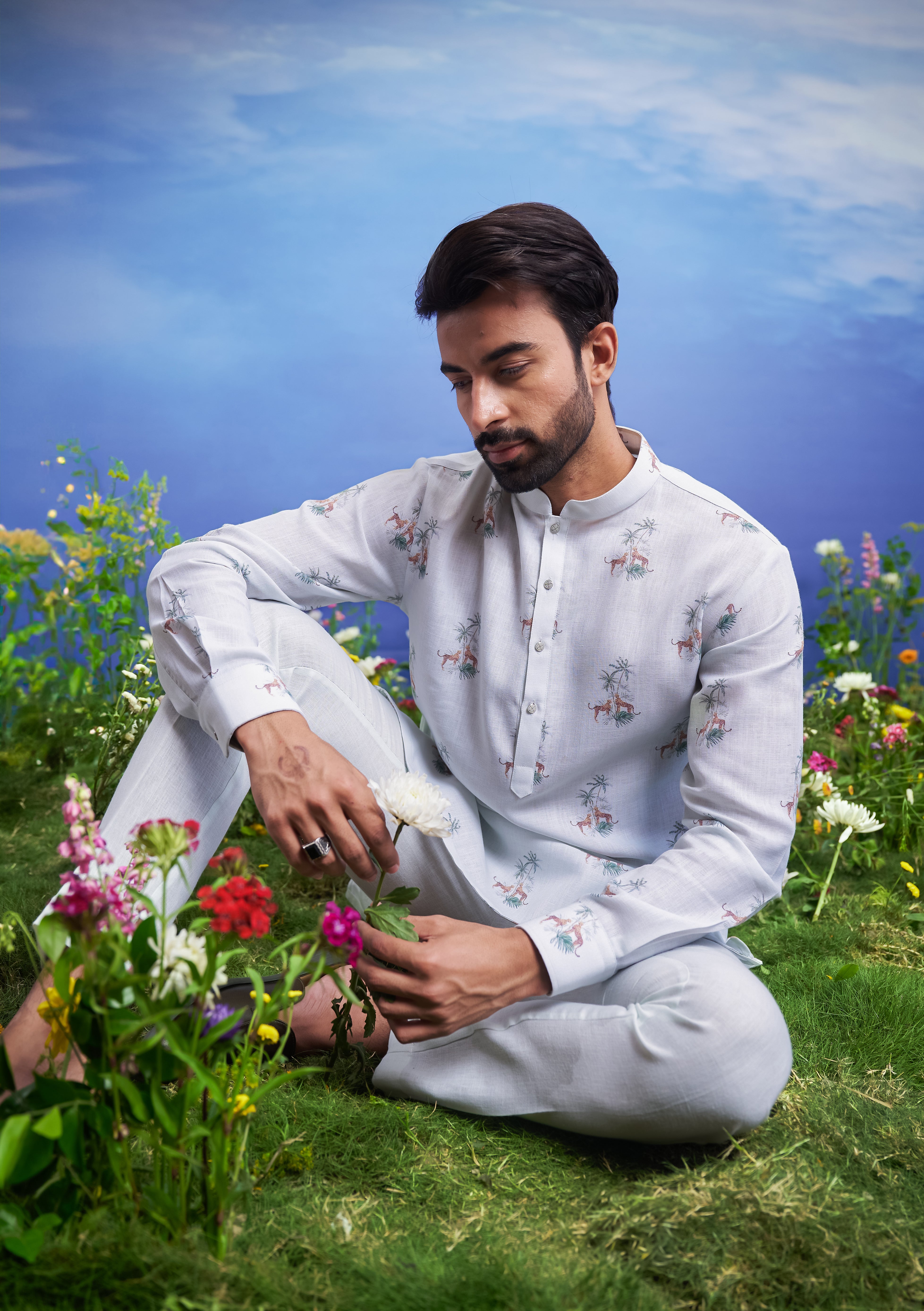 Mint green kurta set, presented as a complete ethnic outfit on a product page, made from linen blend fabric.