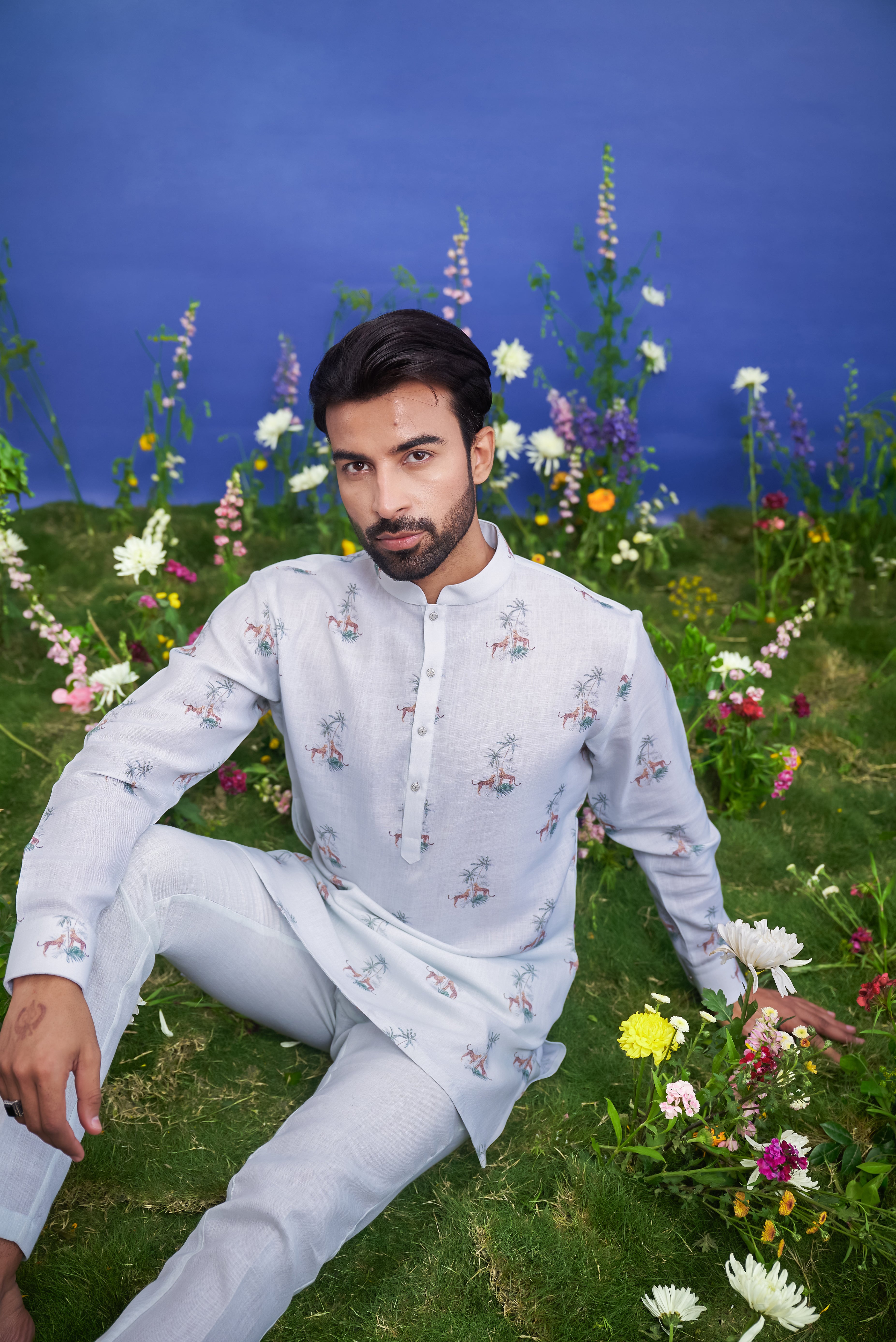 Mint green linen kurta set, unisex ethnic wear, featuring a linen blend kurta and pajama.