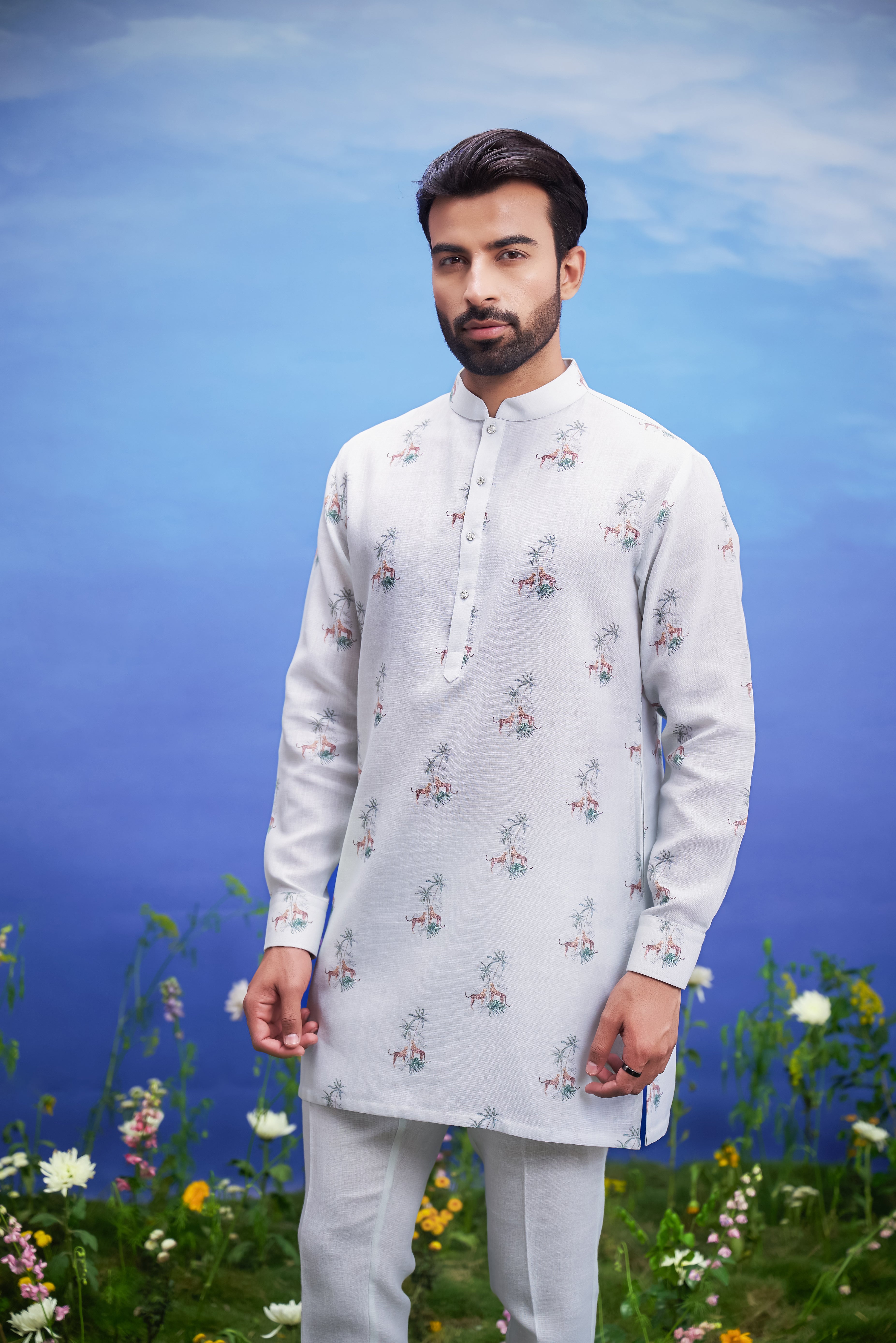 Indian festive attire: mint green linen kurta set, available in sizes 38 to 44.