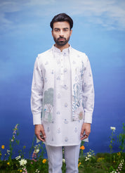 Men's white kurta jacket set, suitable for festivals and cultural events, available in sizes 36 to 44 and custom.