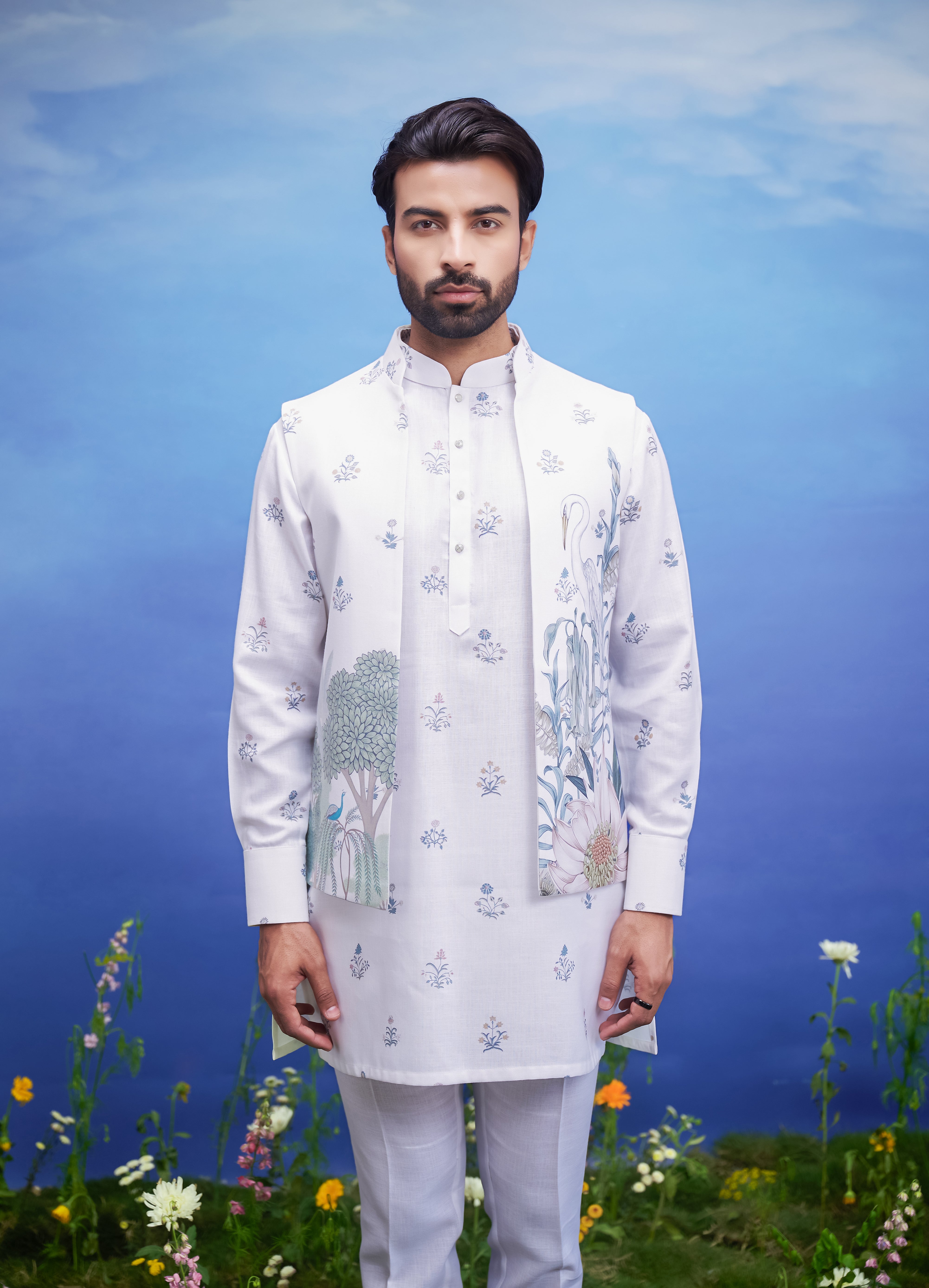 Men's white kurta jacket set, suitable for festivals and cultural events, available in sizes 36 to 44 and custom.