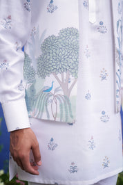 Close-up of the printed white kurta jacket set, highlighting the floral print and blended silk fabric texture.