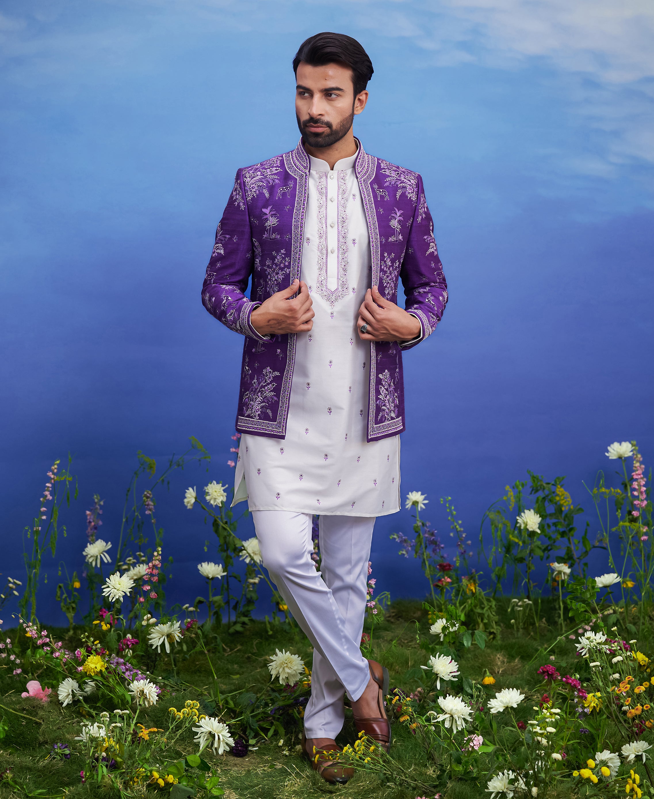 Purple raw silk front open embroidered Bandhgala, men's ethnic wear, featuring a blended silk kurta, raw silk jacket, and pant cut pajama.
