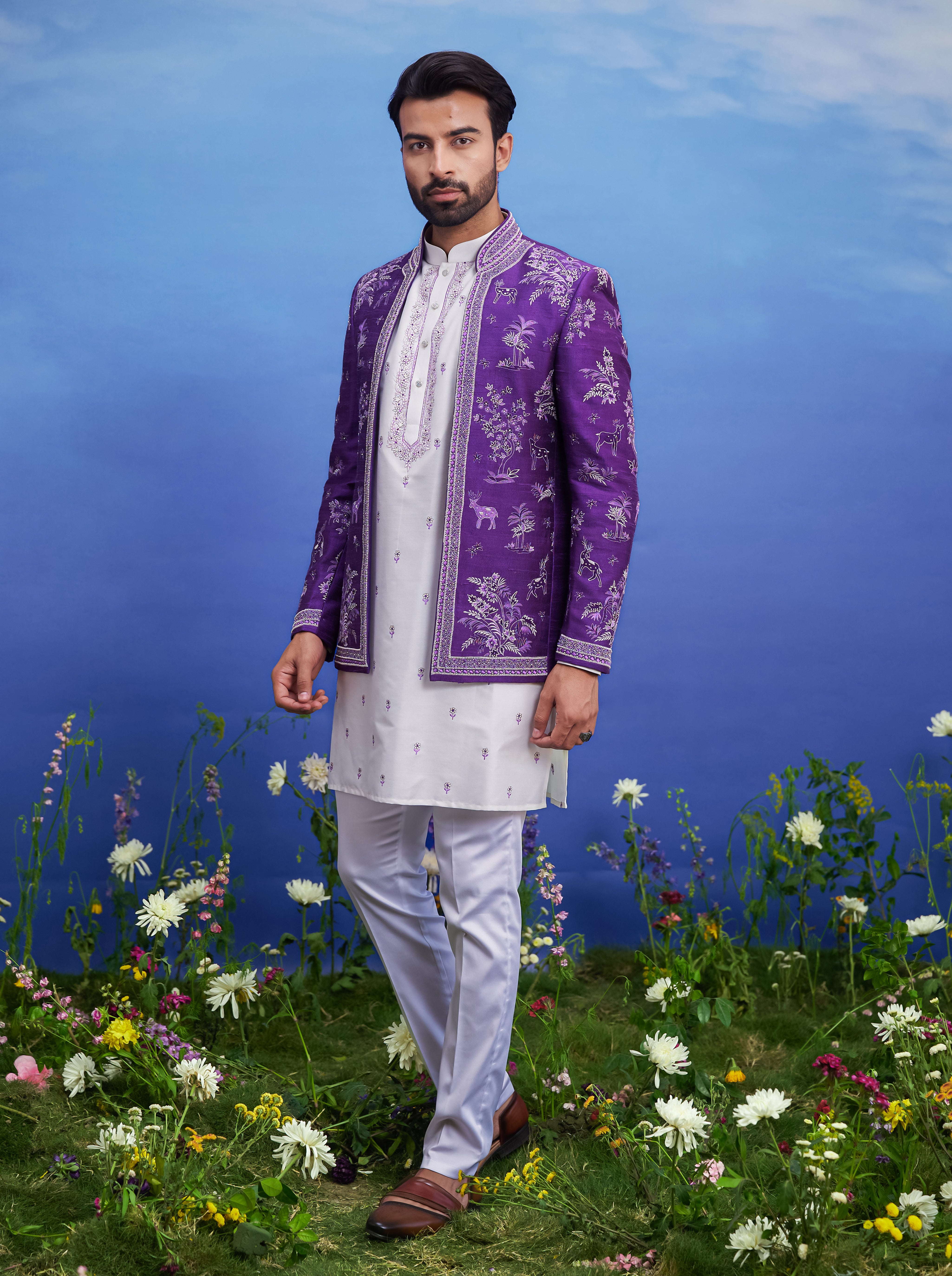 Purple raw silk front open embroidered Bandhgala for men, blending traditional style with modern front open design and embroidery, suitable for festive occasions.