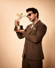 Brown pinstripe 3-piece suit inspired by Rajkummar Rao, featuring a tailored suit, same waistcoat, and trousers in premium wool-feel fabric with a sharp modern fit, ideal for weddings, formal events, business wear, and celebrations.