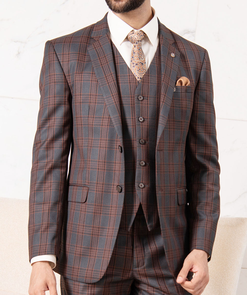 Elegant Rust Checked 5-Piece Suit - Timeless Fashion
