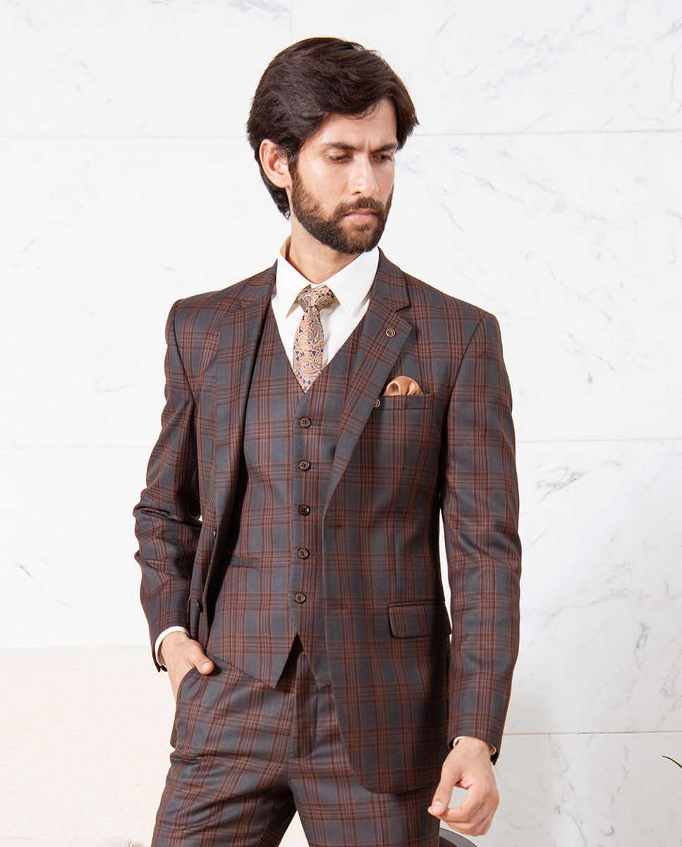 Rust Checked 5-Piece Suit - Designer Wear
