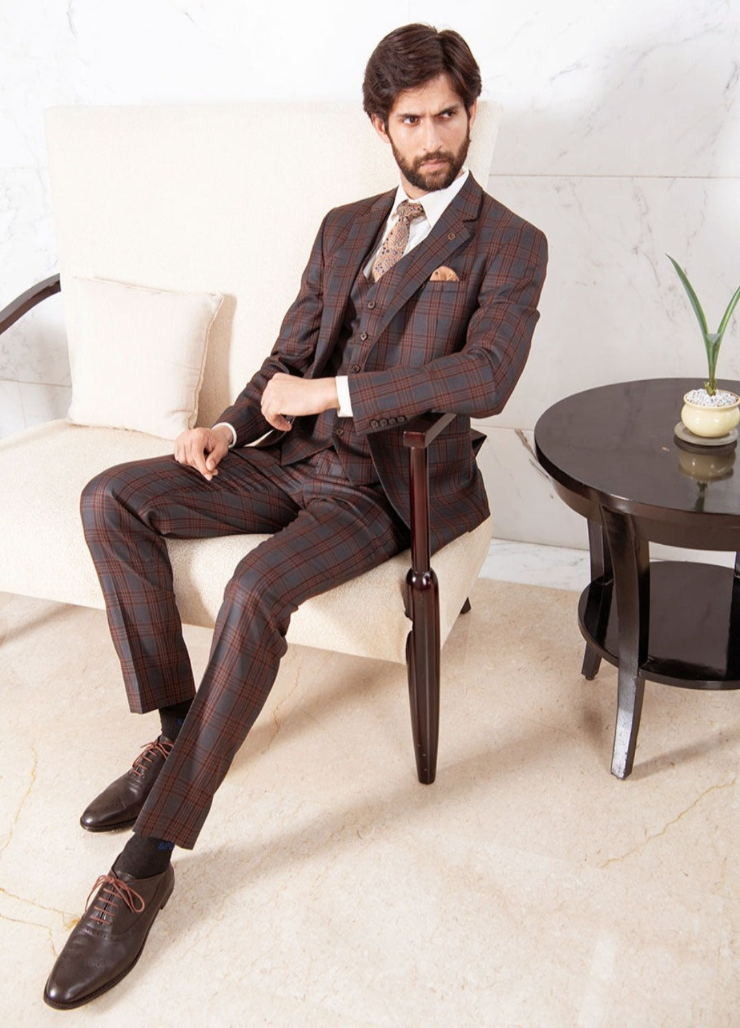 Stylish Rust Checked 5-Piece Suit - Perfect for Weddings and Formal Occasions
