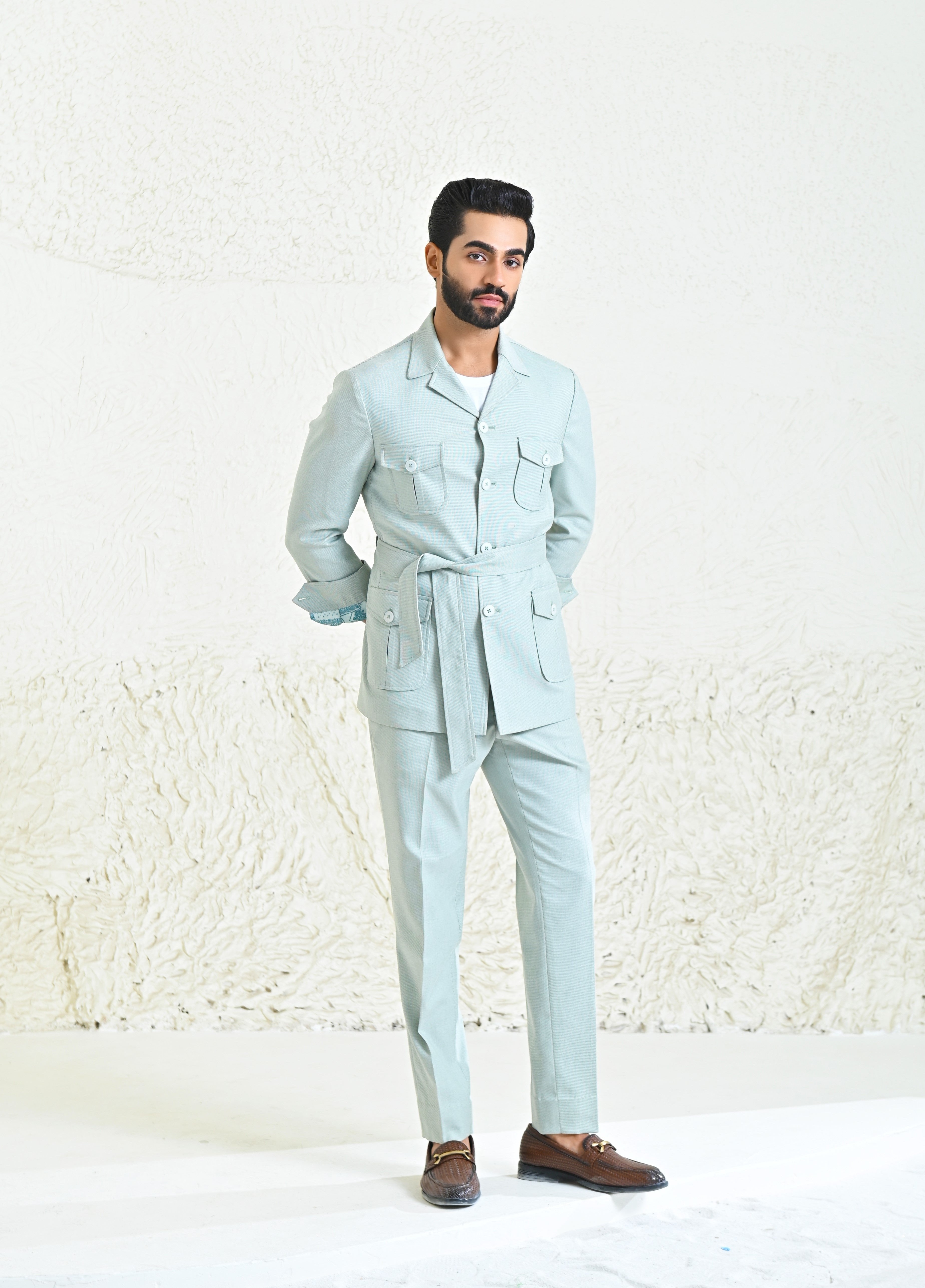 Stylish Sea Green Linen Blend Co-ord Set with Belt, Perfect for Casual and Semi-Formal Occasions
