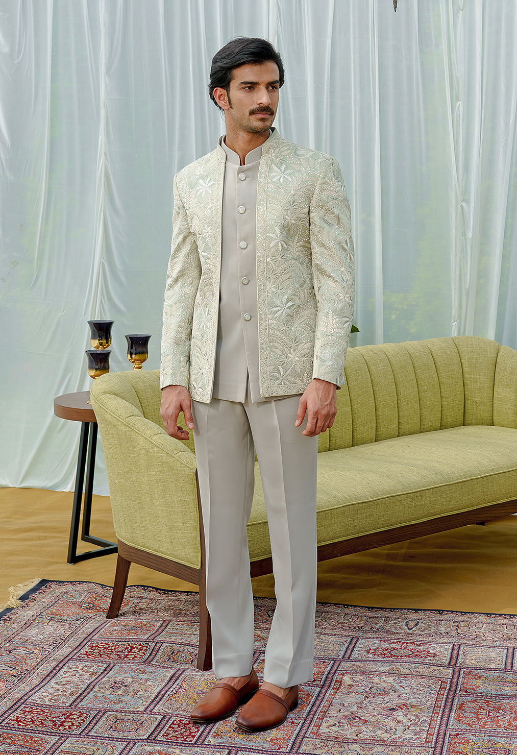 Sea green Heavily Embroidered Bandhgala suits