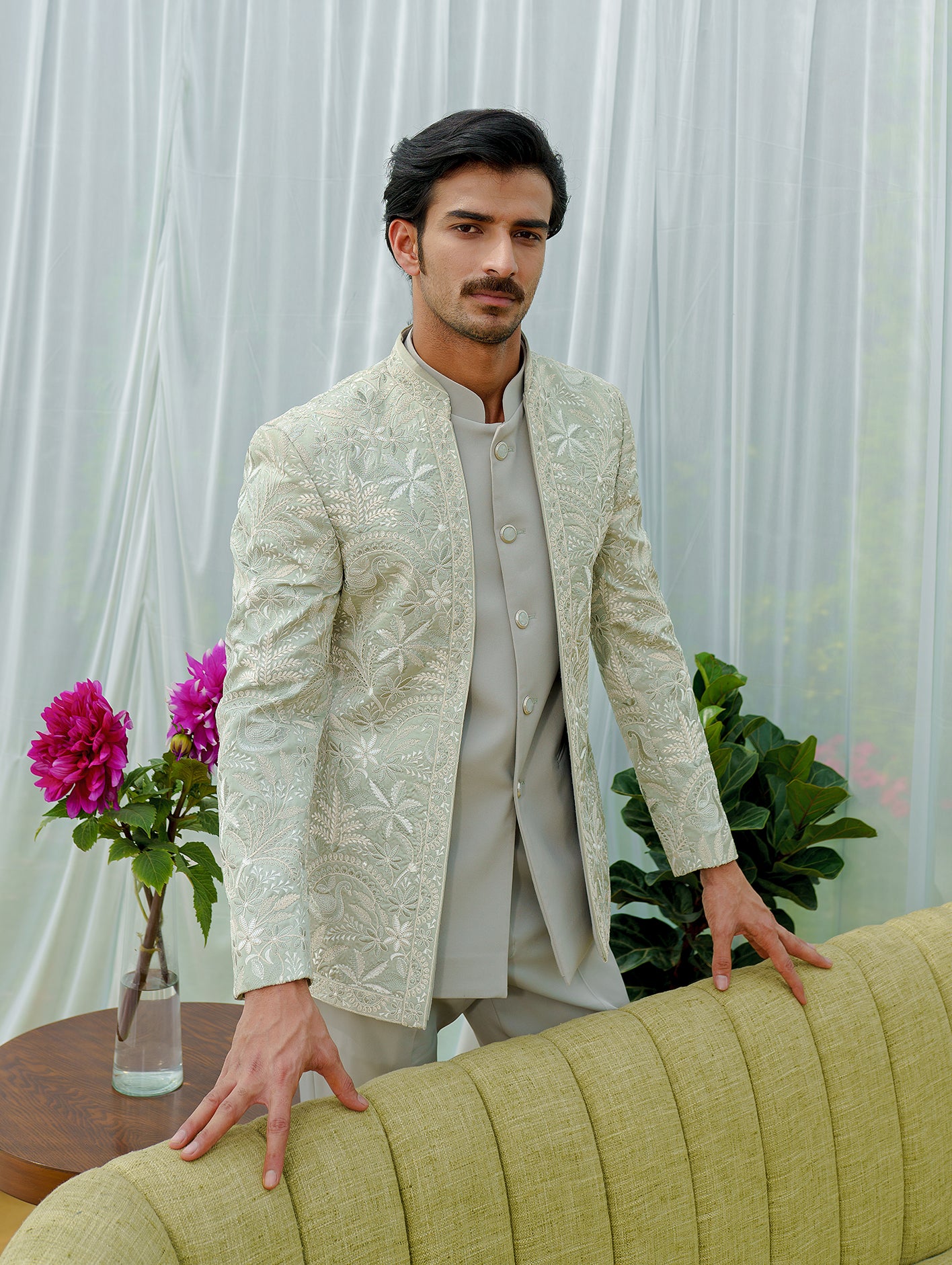 Sea green Heavily Embroidered Bandhgala suits