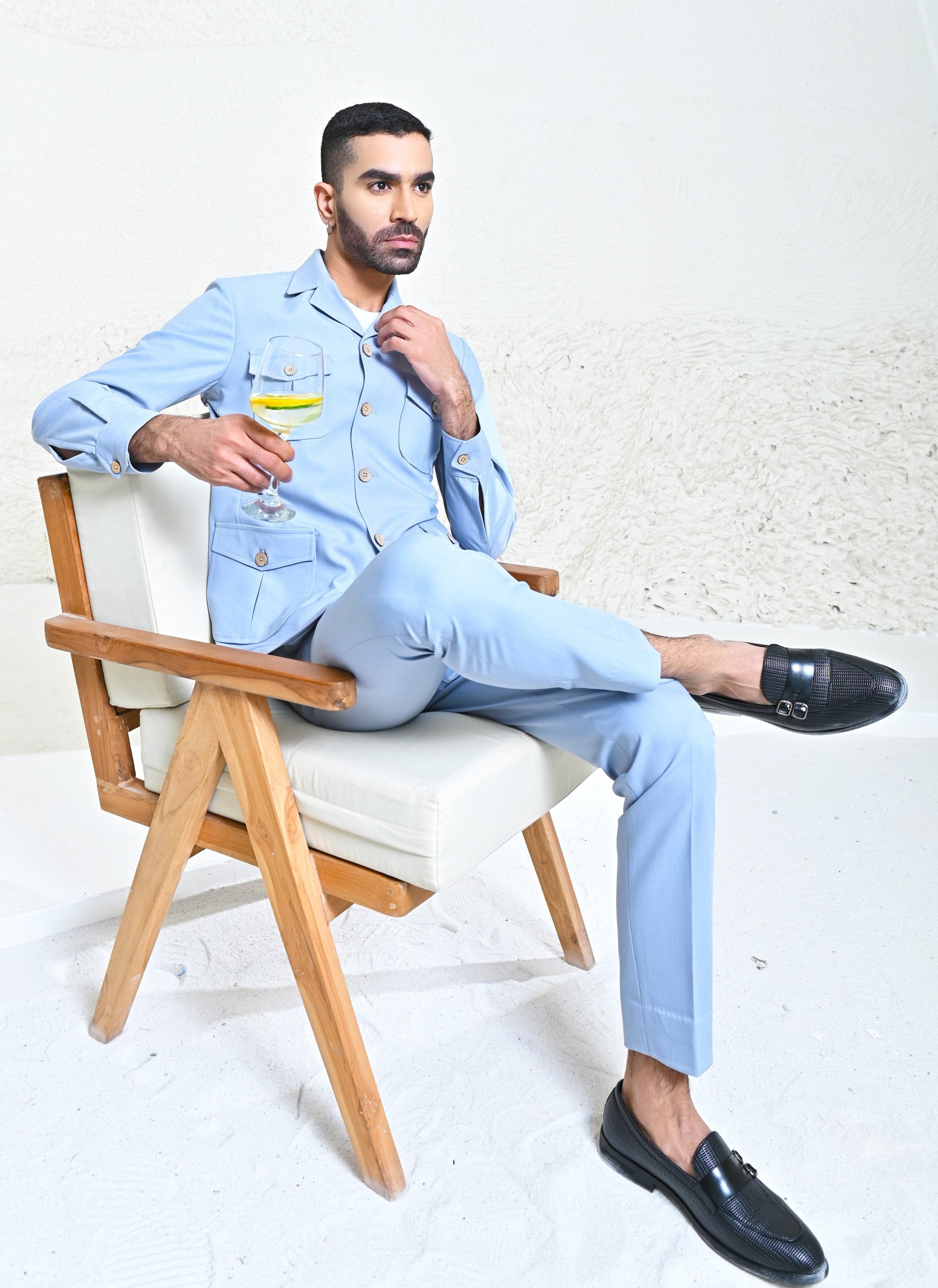Stylish Sky Blue Linen Blend Co-ord Set, Perfect for Casual and Semi-Formal Occasions
