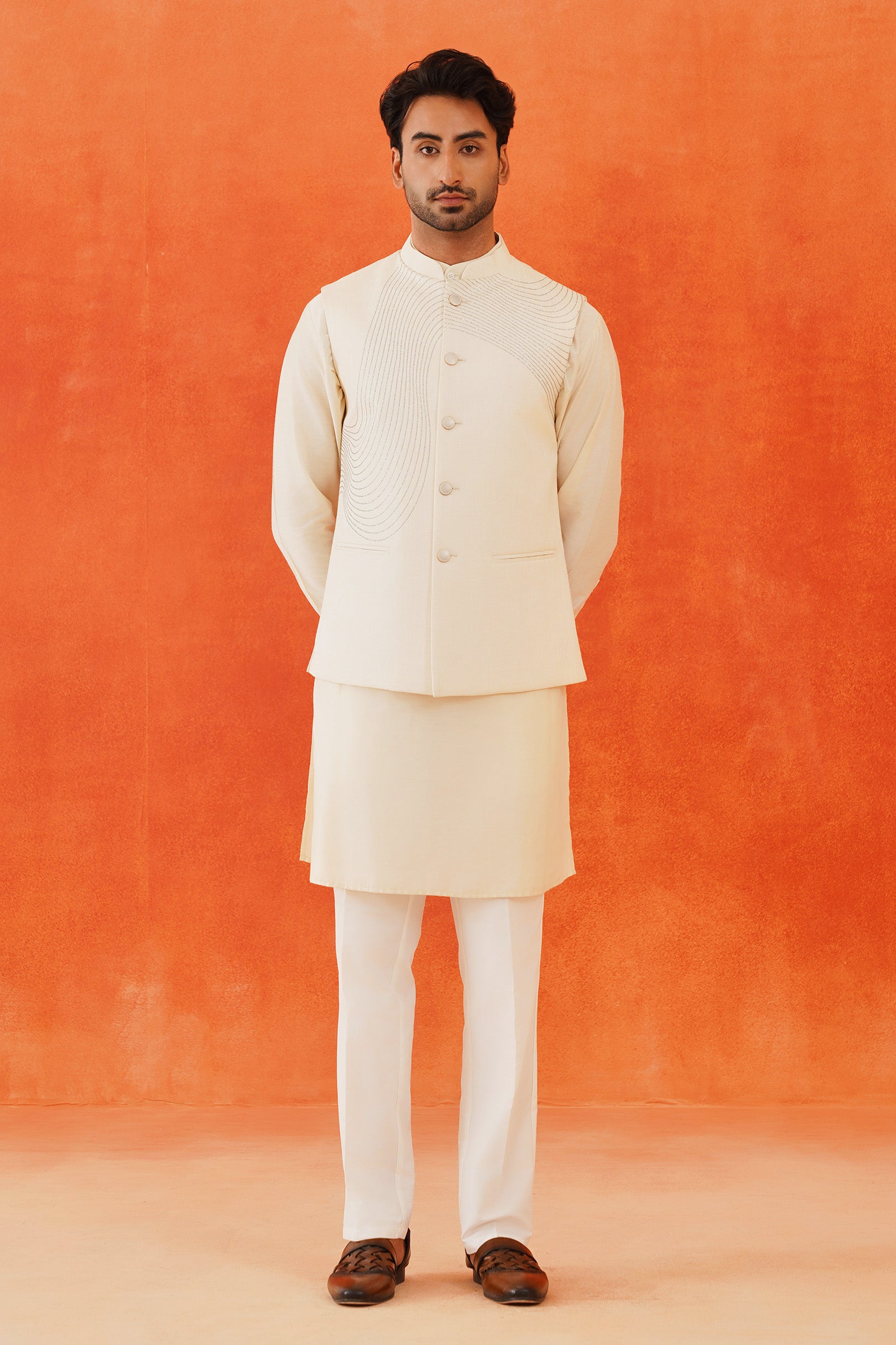 Modern Indian Fashion
Versatile Off-White Printed Kurta Jacket Set