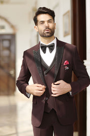 A trendy wine designer suit with embroidery, urban style.
