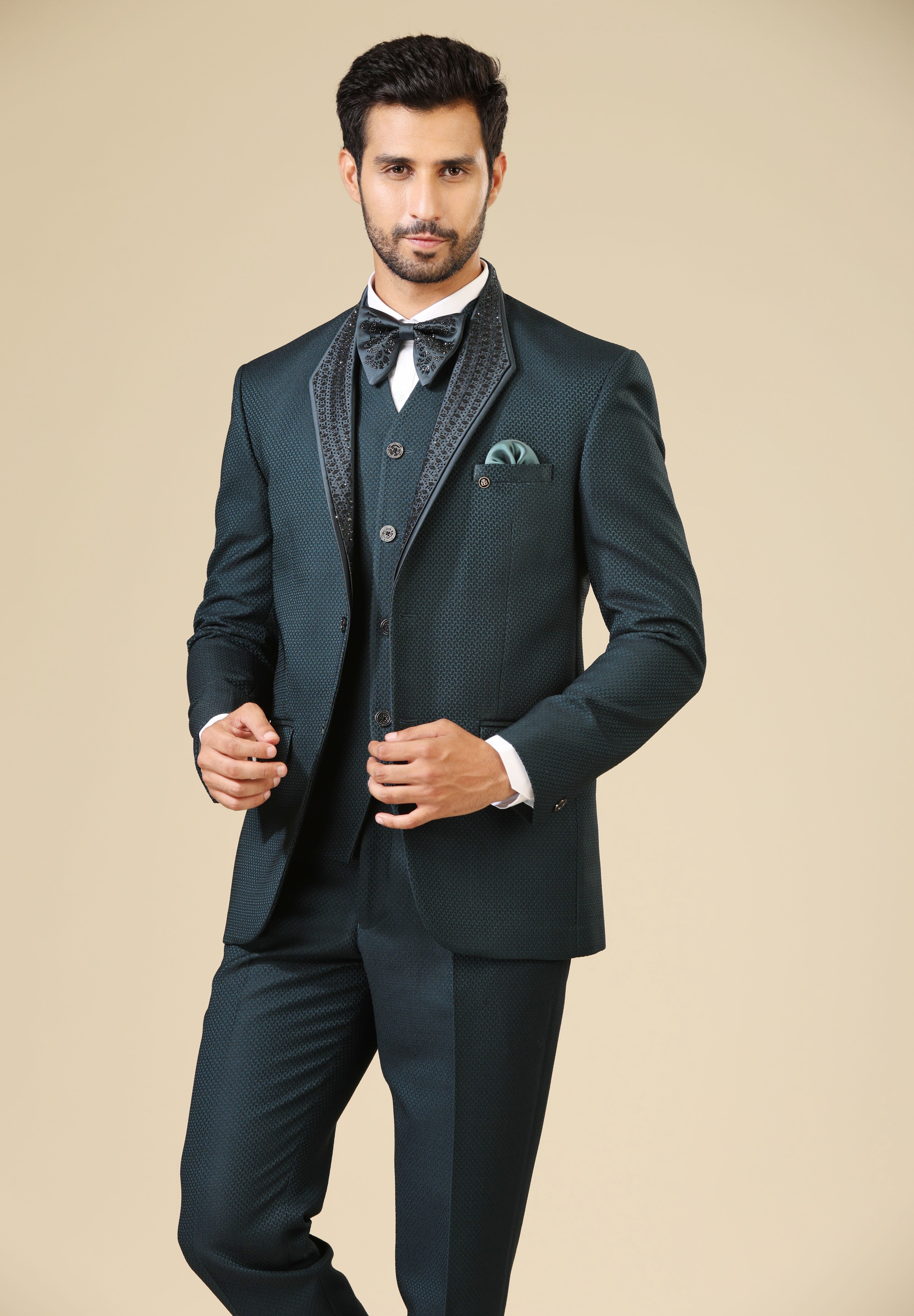 Teal Embroidered tuxedo Suit