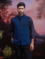 Teal Green Nehru Jacket with Hand Embroidered Motif