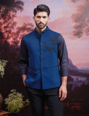 Teal Green Nehru Jacket with Hand Embroidered Motif