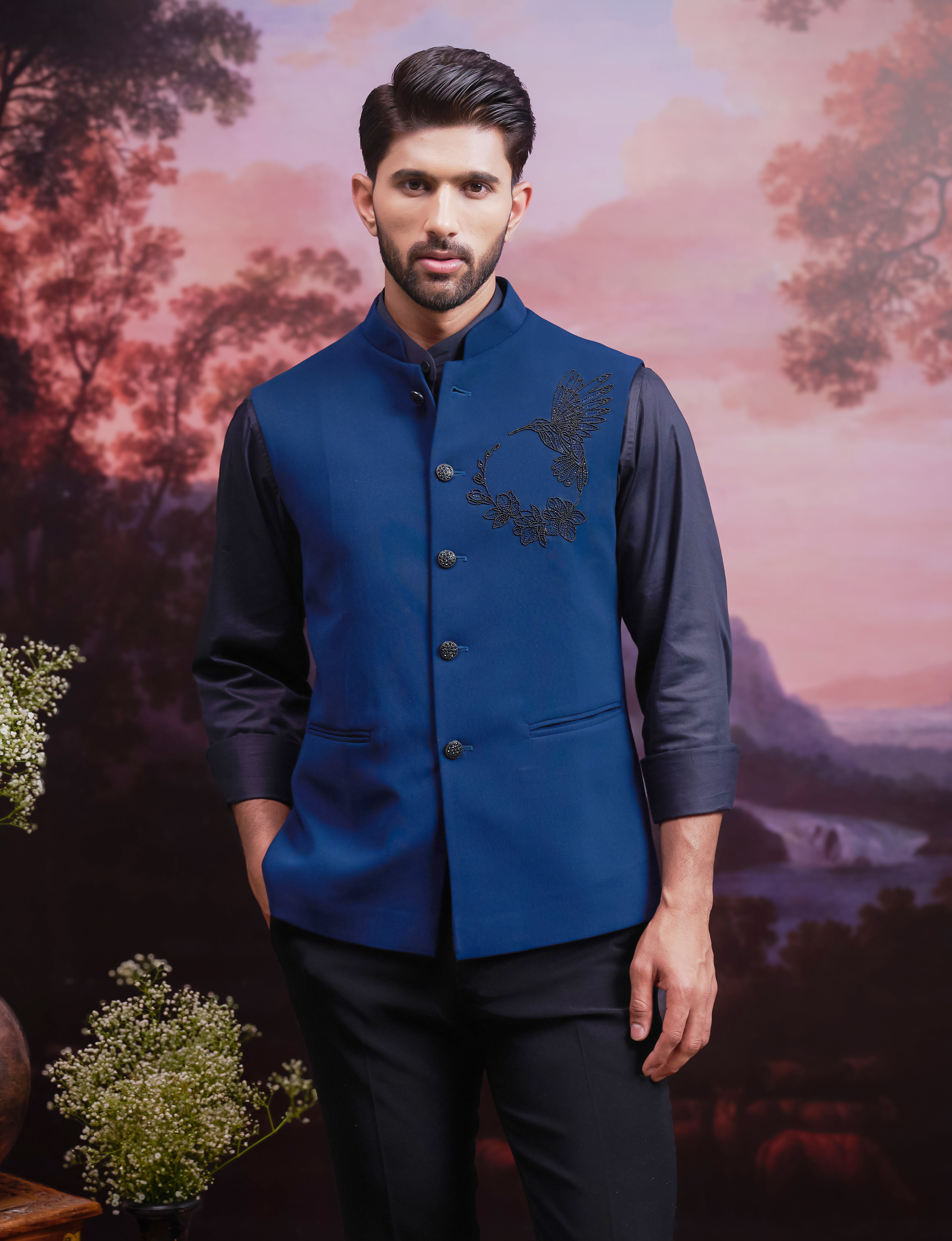 Teal Green Nehru Jacket with Hand Embroidered Motif