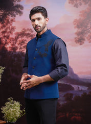 Teal Green Nehru Jacket with Hand Embroidered Motif
