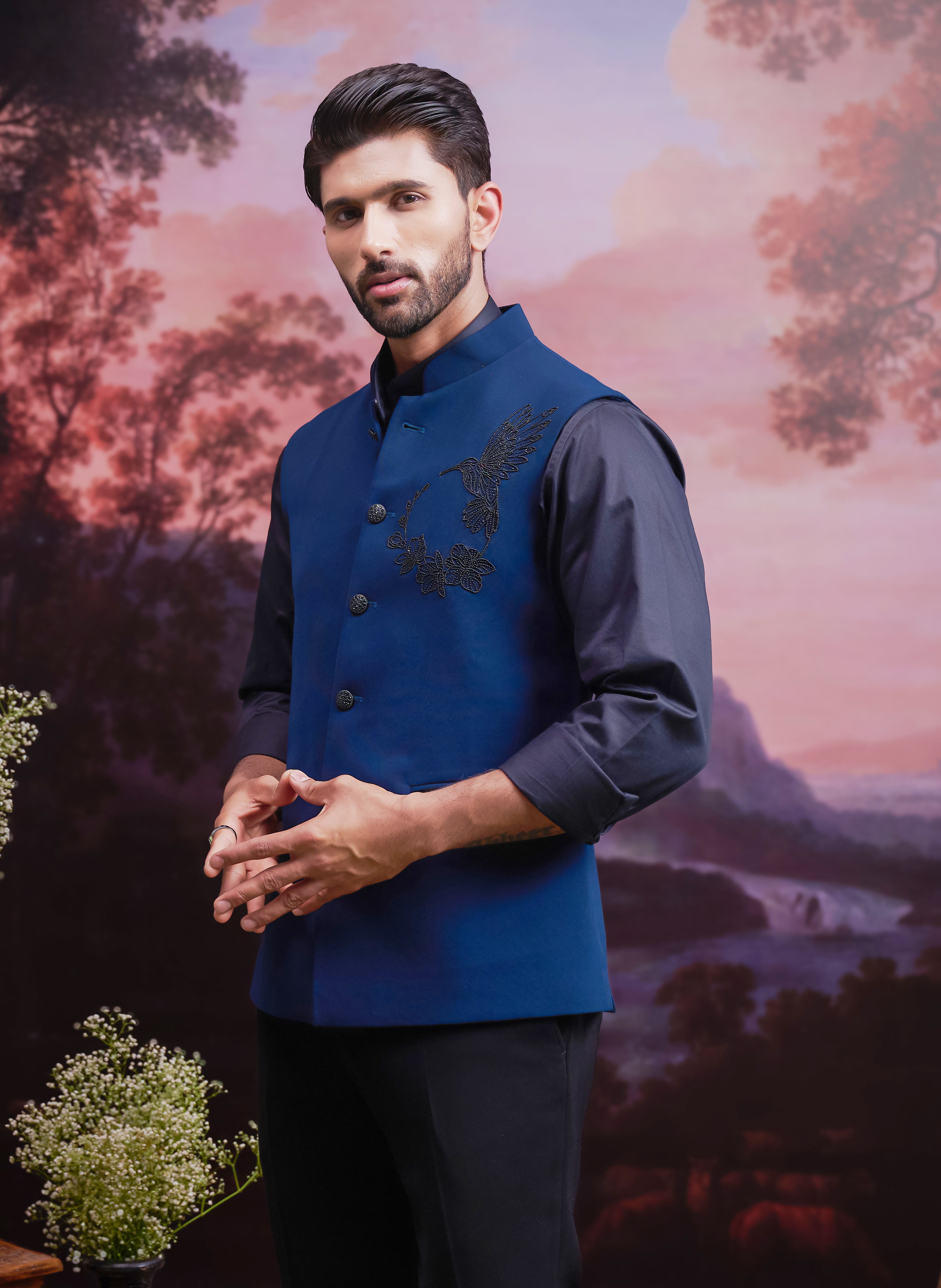 Teal Green Nehru Jacket with Hand Embroidered Motif