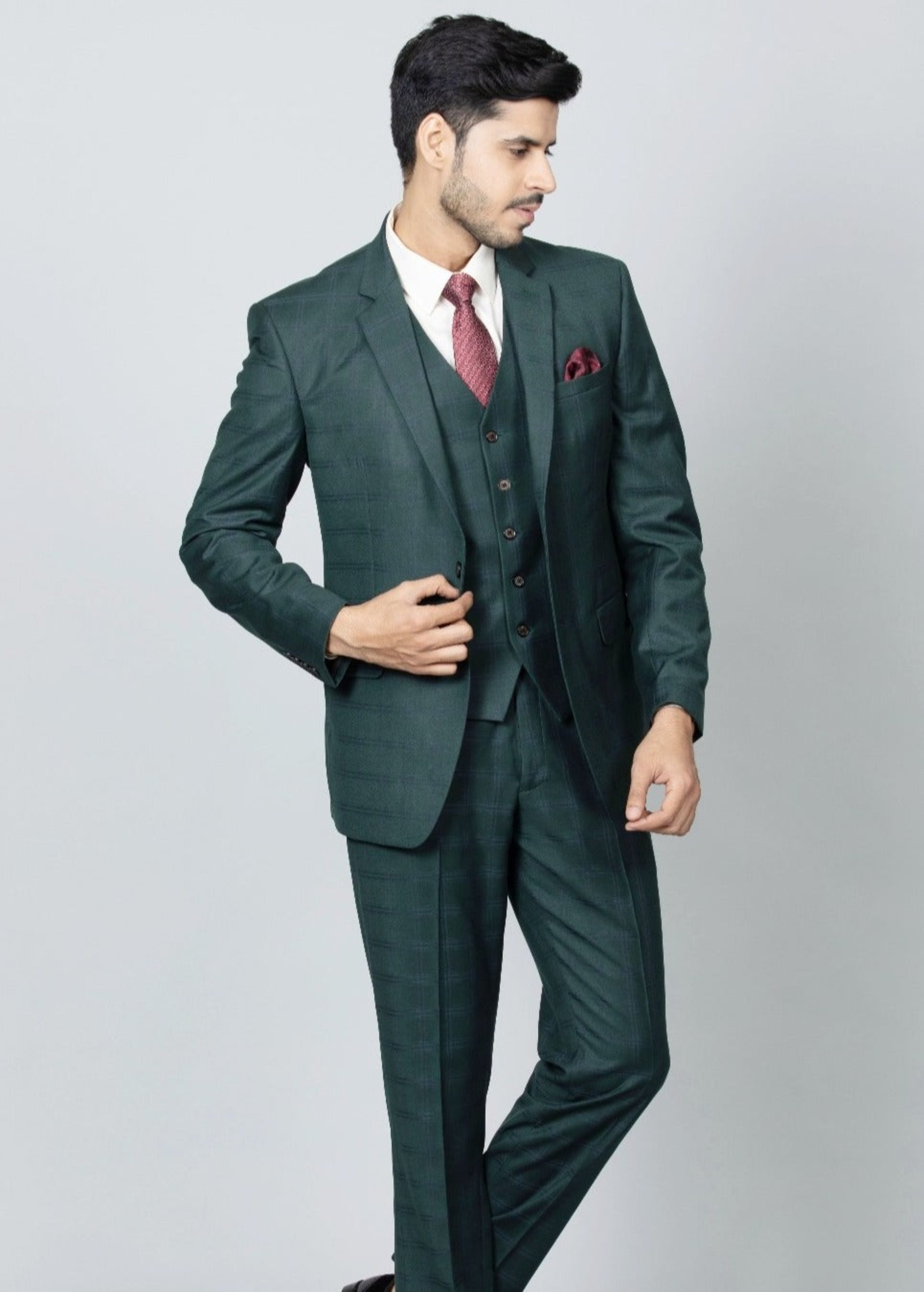 Stylish Teal Self-Checked 5-Piece Suit